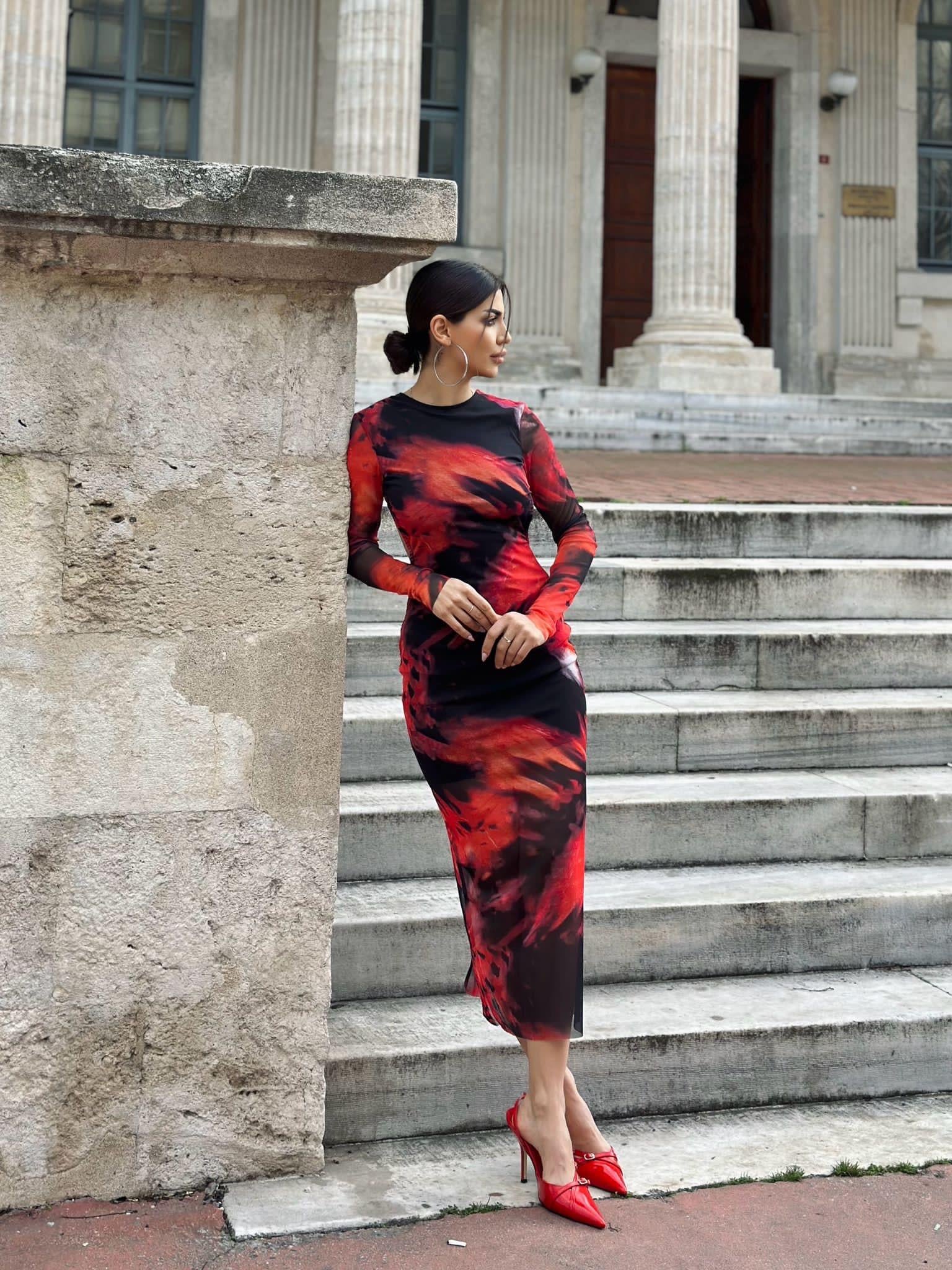 Velvet Midi Sırt Dekolteli Kırmızı Elbise  | 