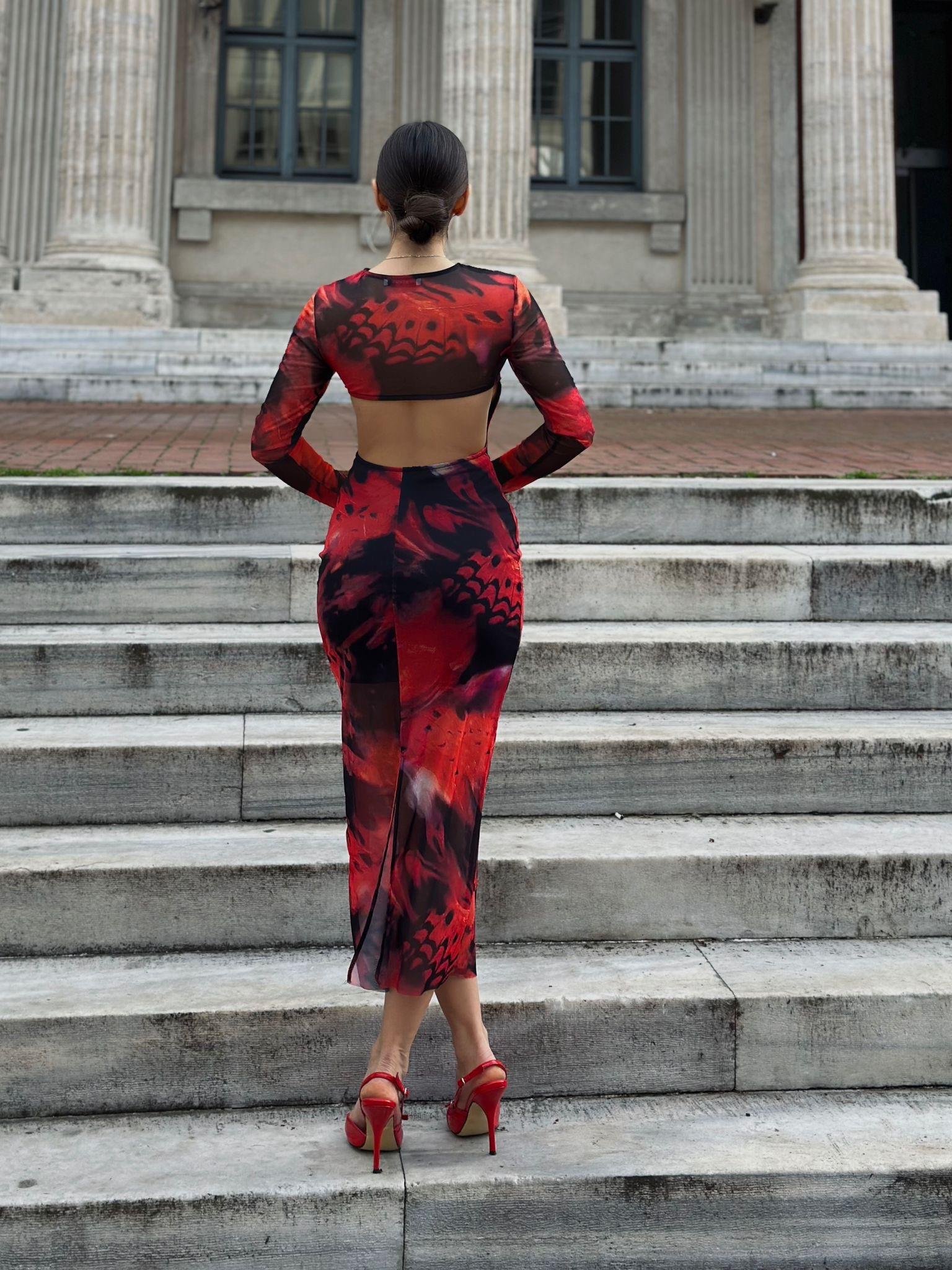 Velvet Midi Sırt Dekolteli Kırmızı Elbise  | 