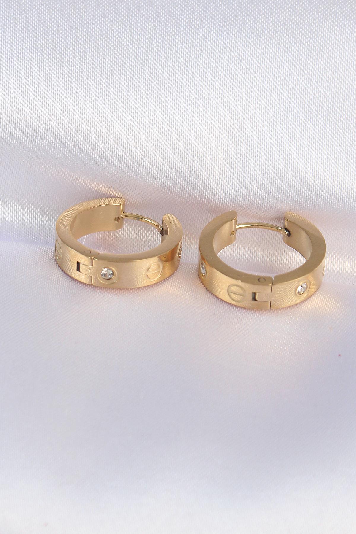 316L Çelik Gold Renk Zirkon Taşlı Cartier Model Halka Küpe