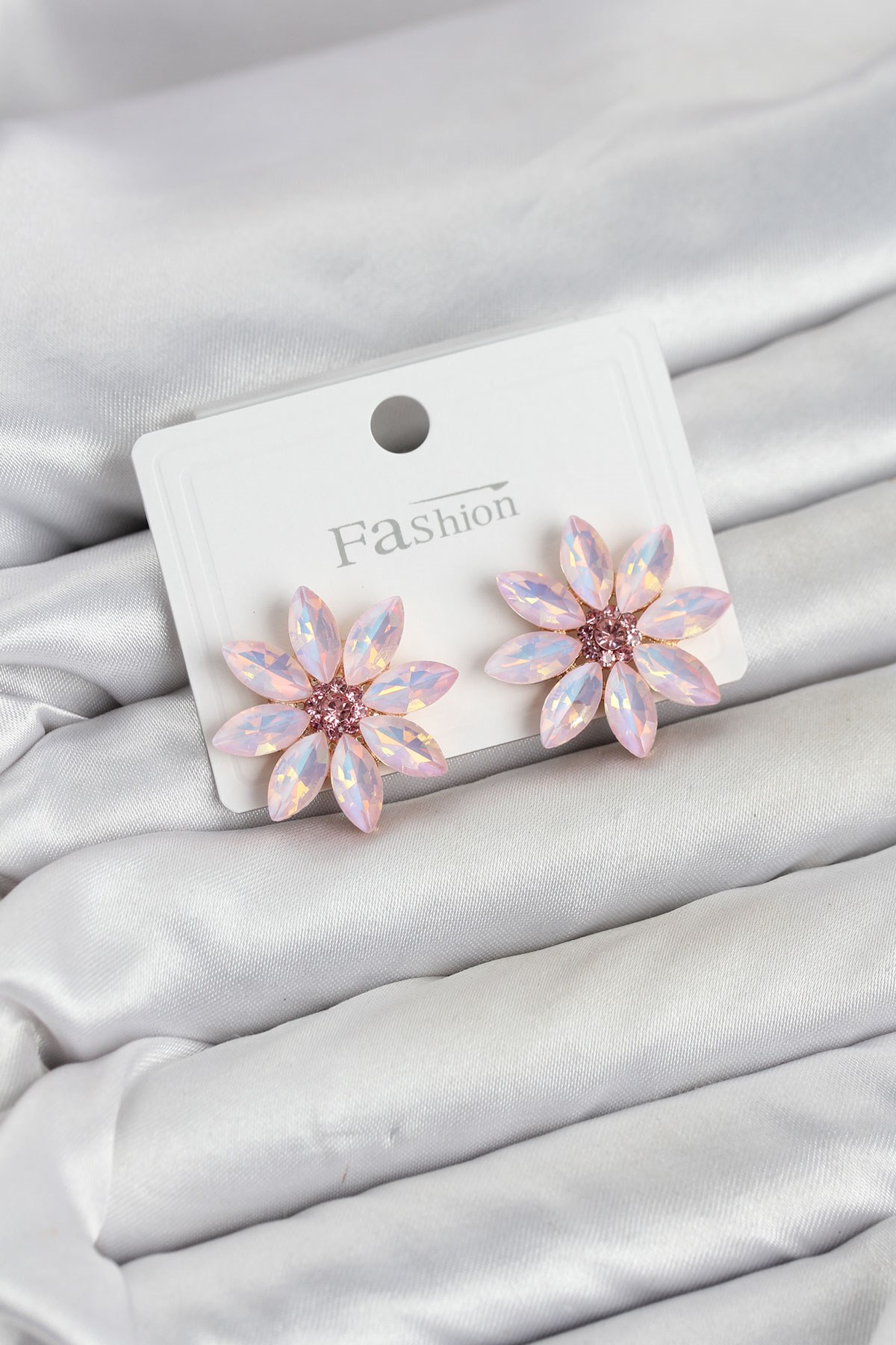 Pembe Renk Kristal Taşlı Lotus Çiçek Model Kadın Küpe