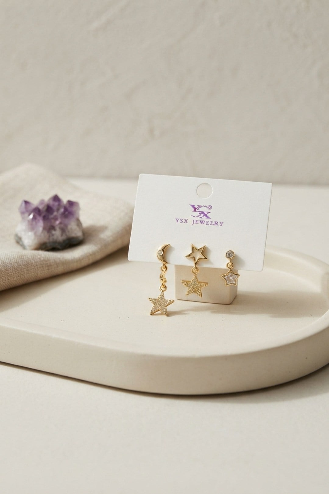 Pirinç Gold Renk Ay ve Yıldız Gece Model Kadın Küpe Seti