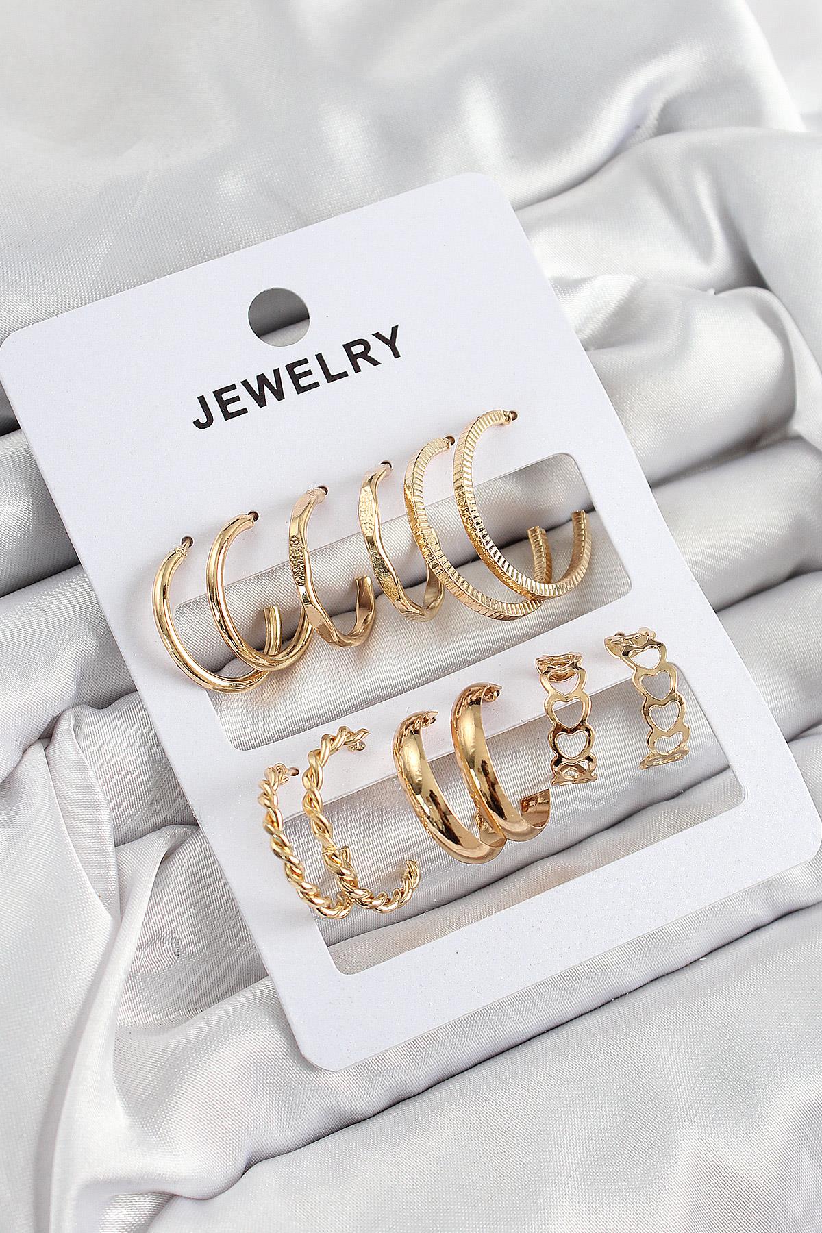 Pirinç Karışık Halka Model Gold Renk 6 Çift Kadın Küpe Set