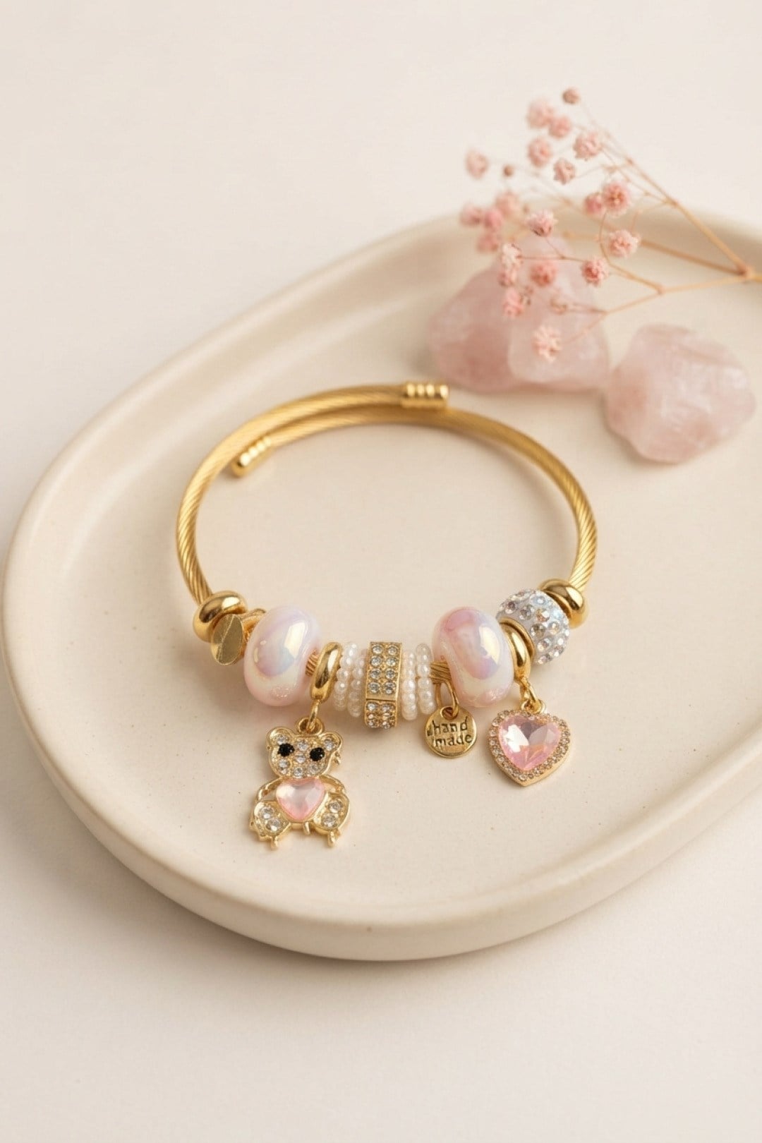 Tedy Bear Model Gold Renk Pembe Charmlı Bileklik