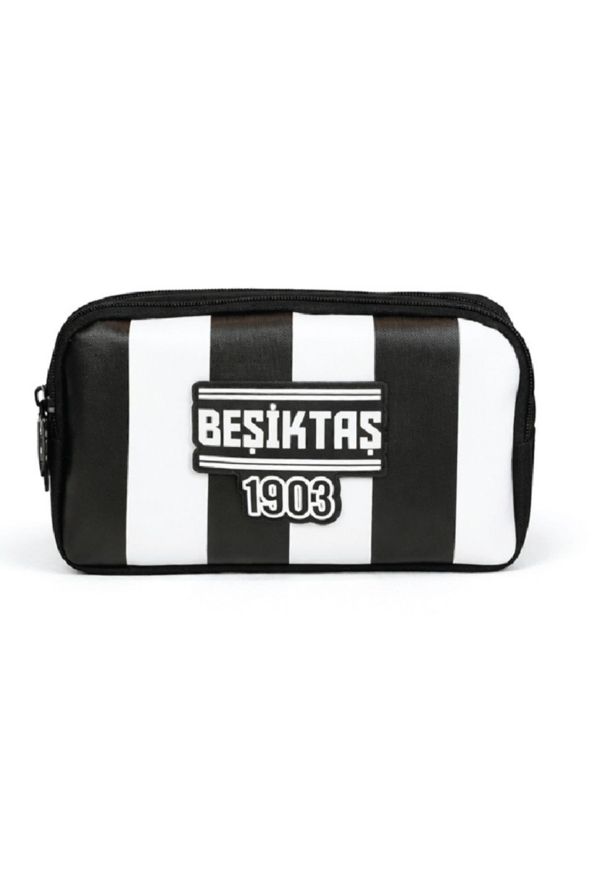  Beşiktaş Lisanslı Çift Bölmeli Çubuklu Desen Kalemlik - Rubber Logolu Su İtici Kumaşlı Kalem Kutusu