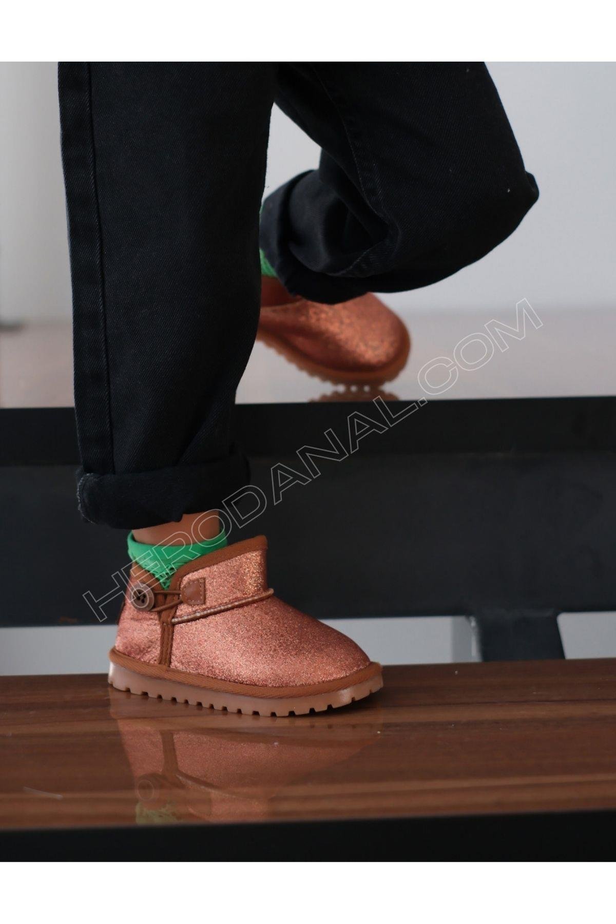 Aurora Çocuk Simli Düğmeli Bot – Ortopedik Taban - Taba