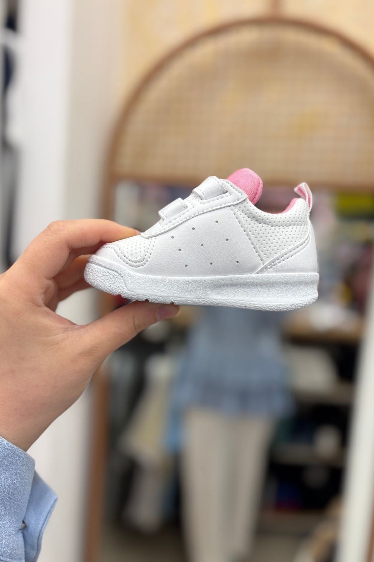 Bebek beyaz pembe çizgili ilk adım spor ayakkabı-Pembe