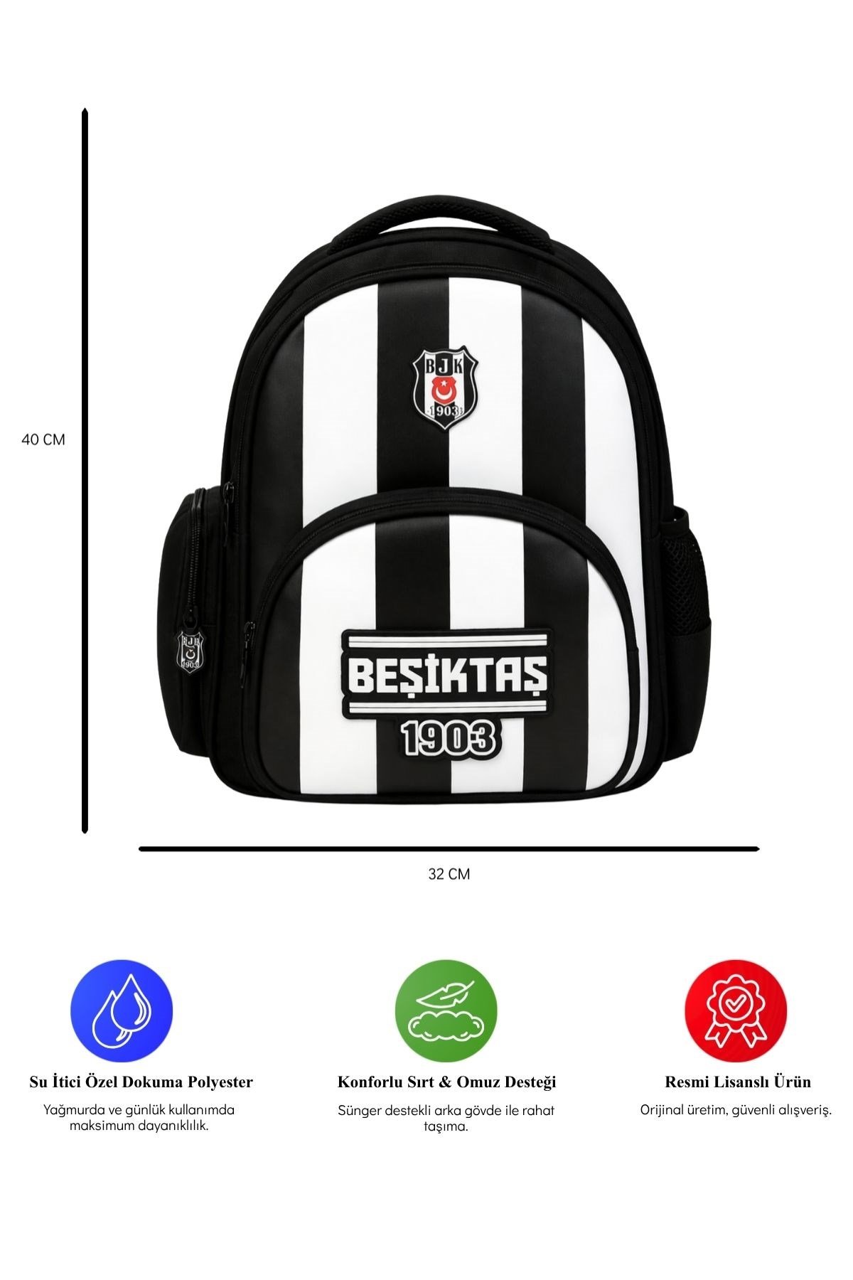 Beşiktaş Lisanslı 3 Bölmeli Çubuklu Desen Okul Sırt Çantası
