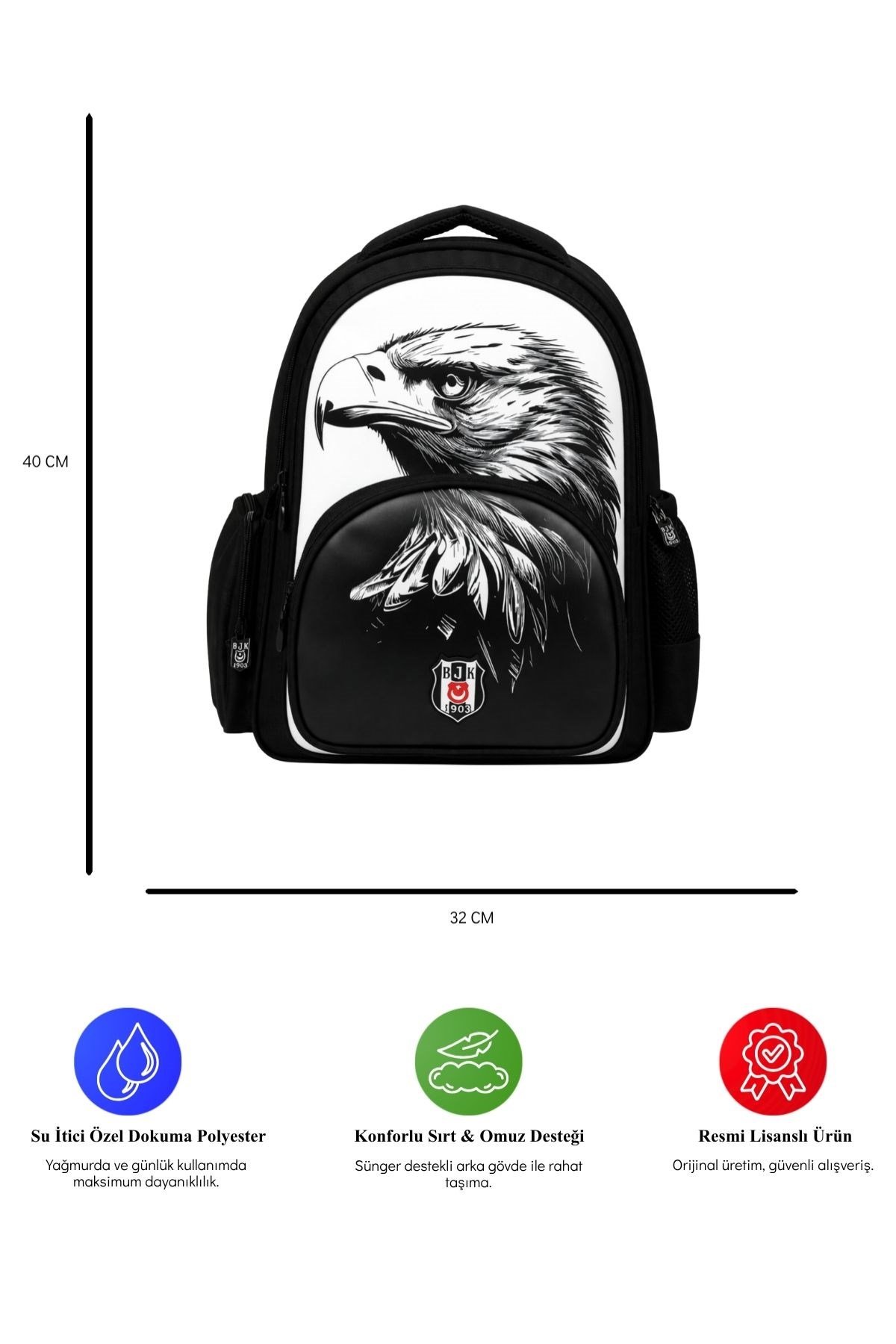 Beşiktaş Lisanslı 3 Bölmeli Kartal Desenli Okul Sırt Çantası