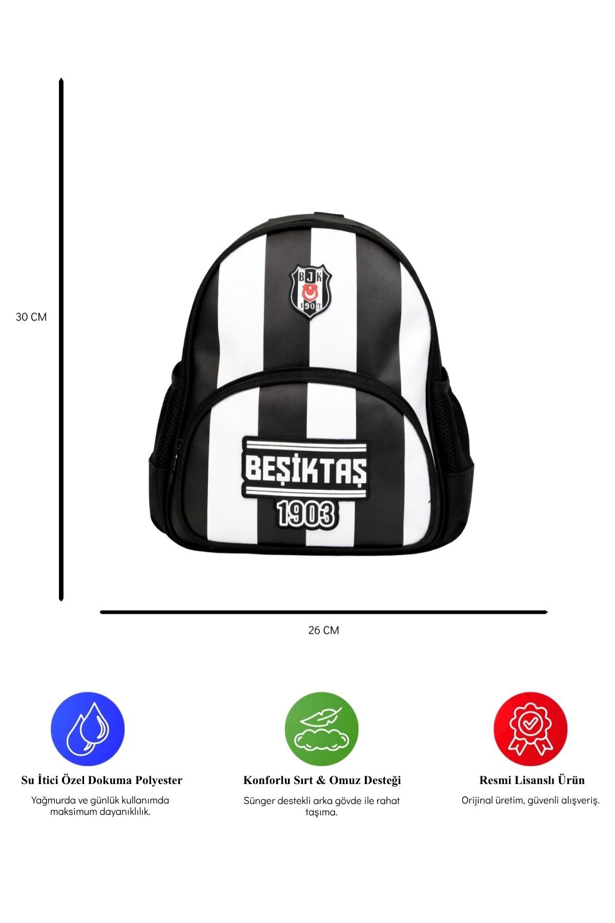 Beşiktaş Lisanslı Çubuk Desenli Rubber Logolu Su İtici Kumaşlı Anaokulu Sırt Çantası