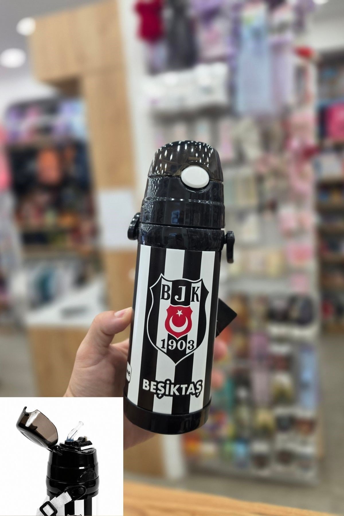 Beşiktaş Lisanslı Silikon Pipetli Çelik Matara - Çubuklu Desenli Paslanmaz Su Matarası 425 ml
