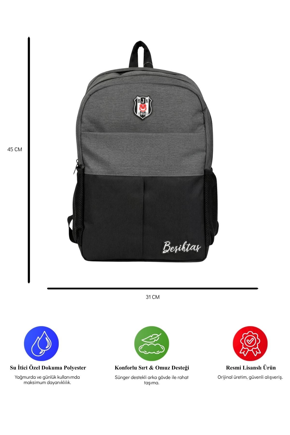 Beşiktaş Lisanslı Siyah Gri Melanj Sırt Çantası - 3 Bölmeli Laptop Gözlü Okul Çantası