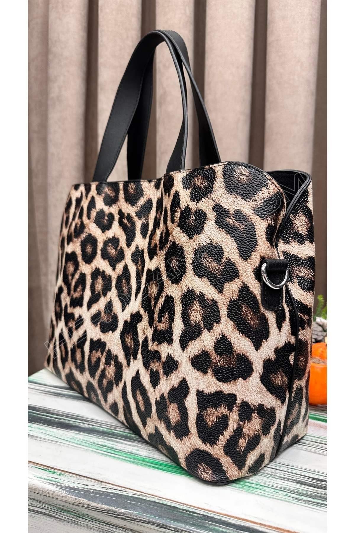 Çift Saplı Kroda Simli Leopar Çanta - Model 4
