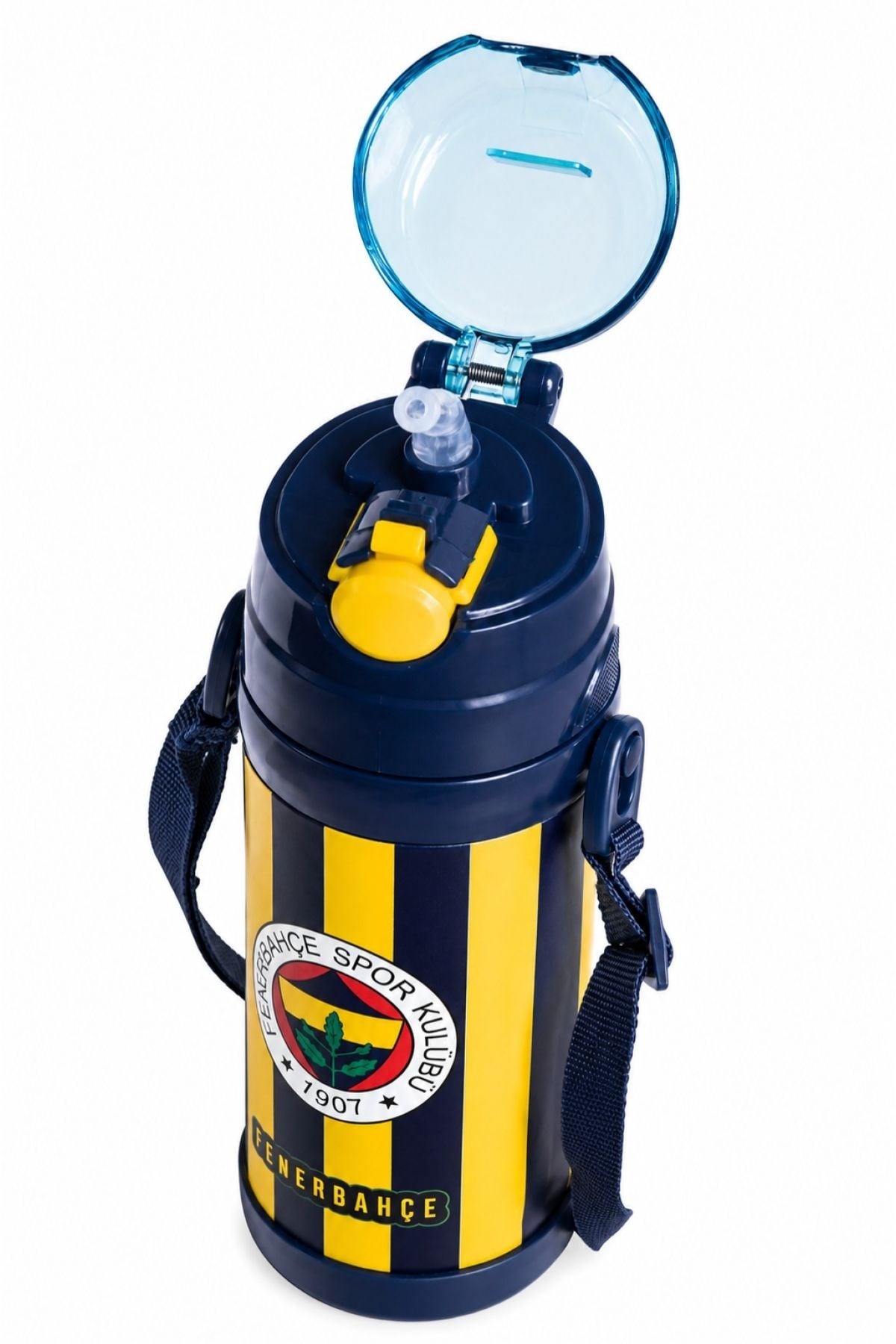 Fenerbahçe Lisanslı Silikon Pipetli Çelik Matara - Çubuklu Desenli Paslanmaz Su Matarası 425 ml