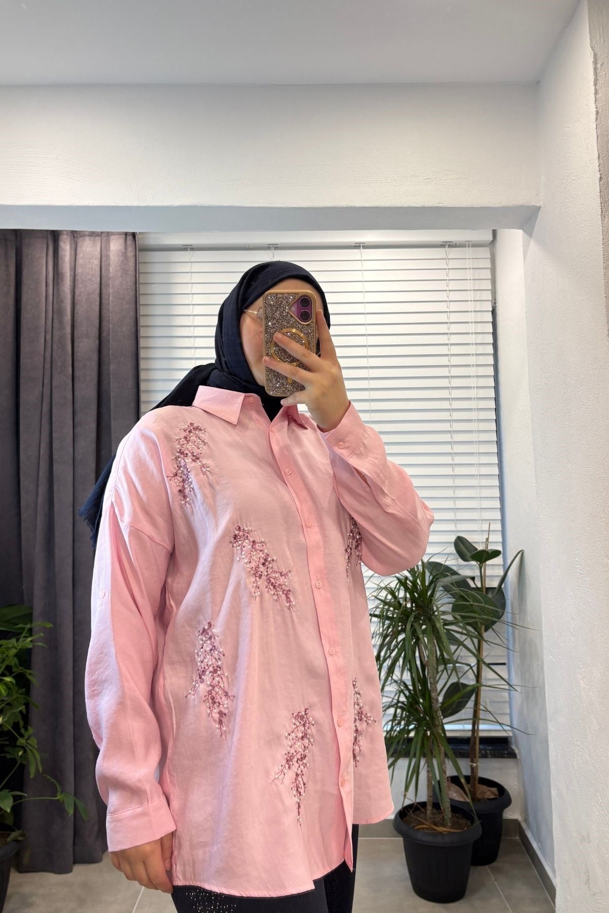 Kadın Efil Nakışlı Modal Gömlek-Pembe