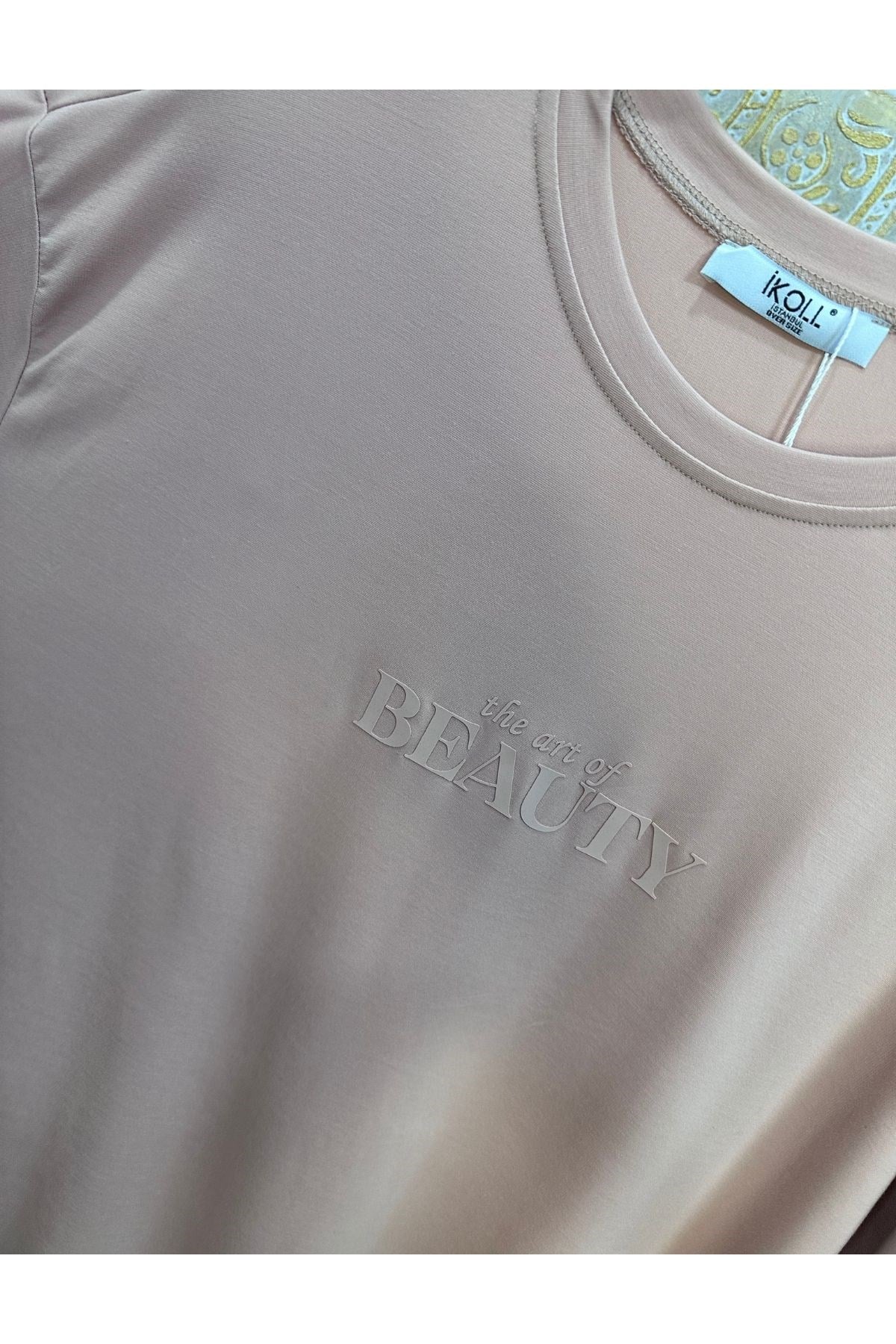 Kadın Tonoton Baskılı Basıc T-shirt -Pudra