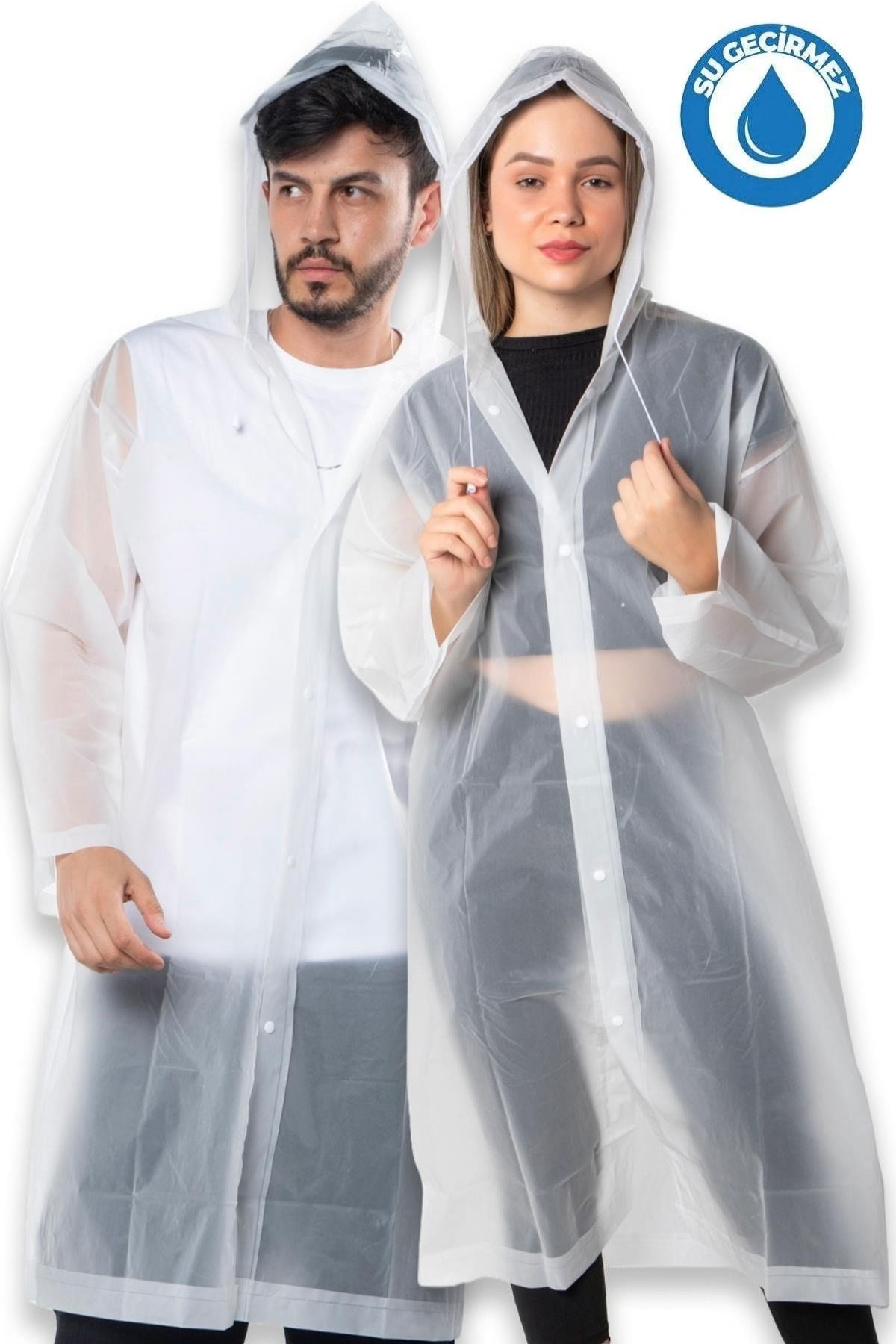 Yetişkin Boy Unisex Kapüşonlu Çıtçıtlı Eva Yağmurluk - 12 Yaş ve Yetişkin Kullanım - Şeffaf Renk