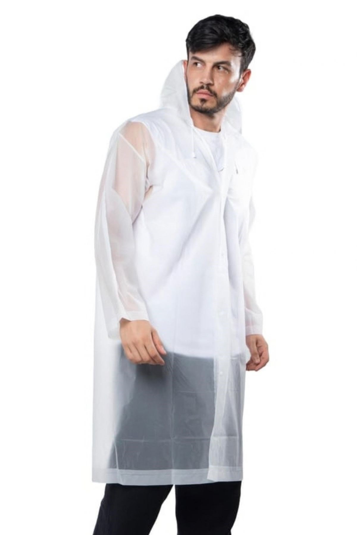 Yetişkin Boy Unisex Kapüşonlu Çıtçıtlı Eva Yağmurluk - 12 Yaş ve Yetişkin Kullanım - Şeffaf Renk