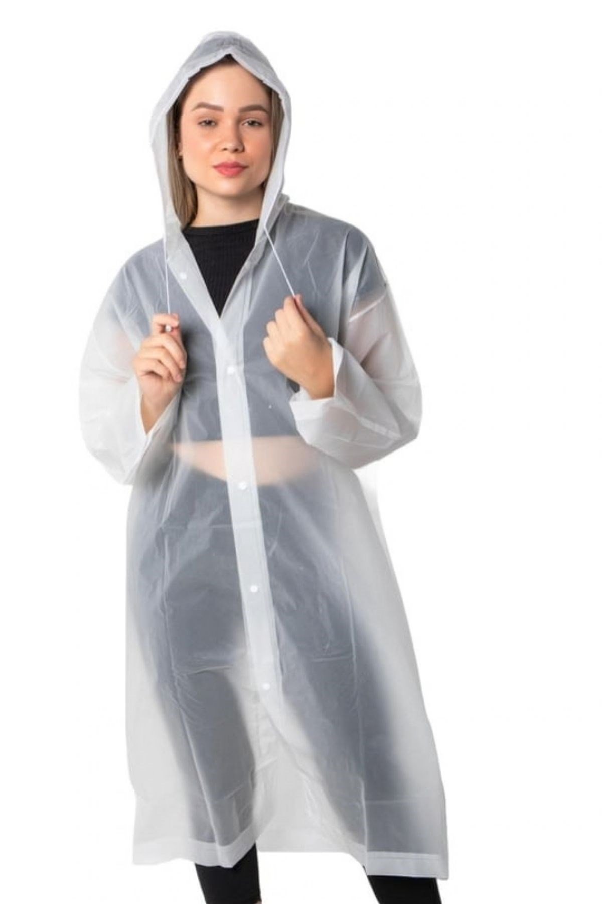 Yetişkin Boy Unisex Kapüşonlu Çıtçıtlı Eva Yağmurluk - 12 Yaş ve Yetişkin Kullanım - Şeffaf Renk
