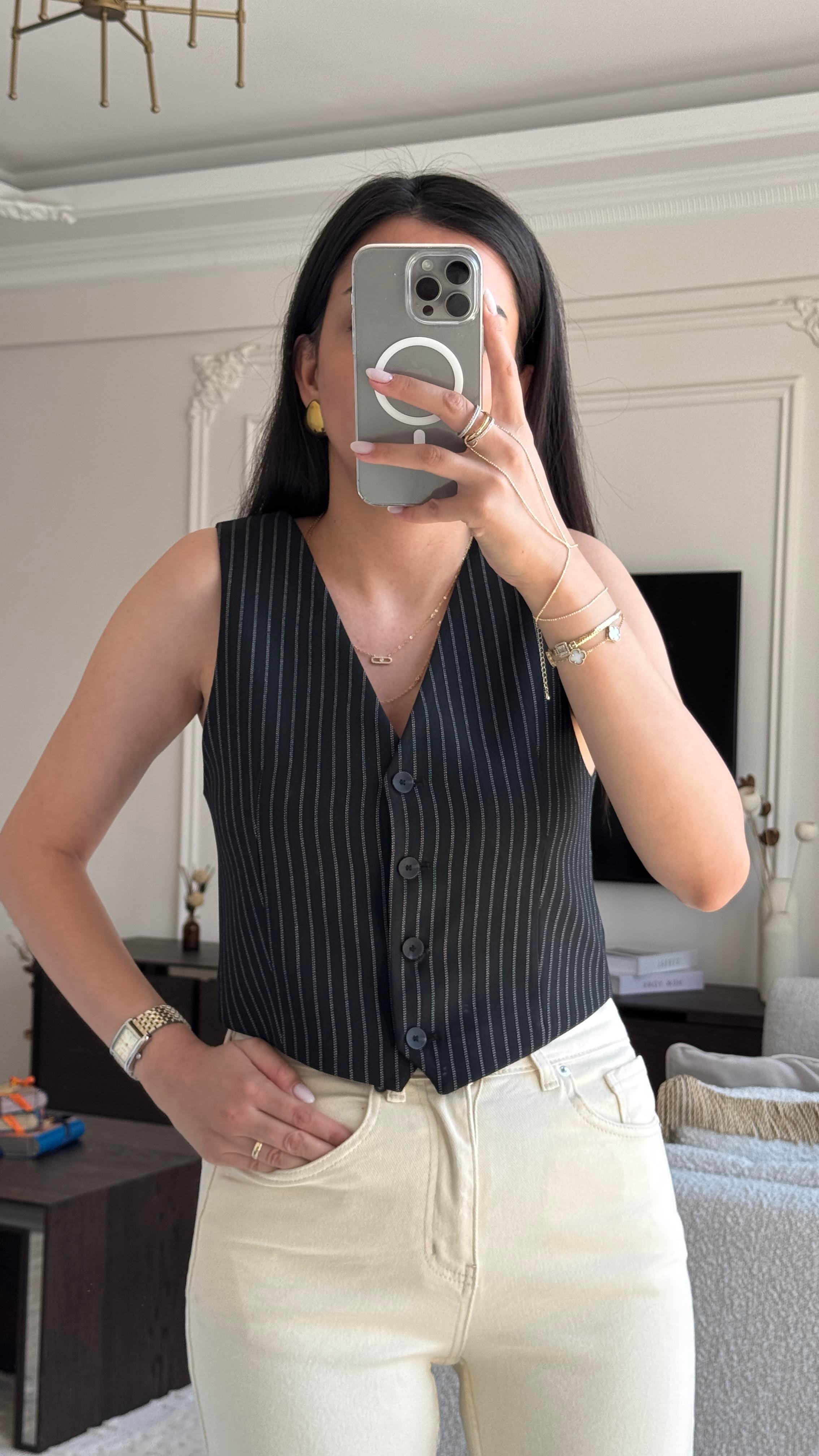 Çizgili Yelek - Siyah