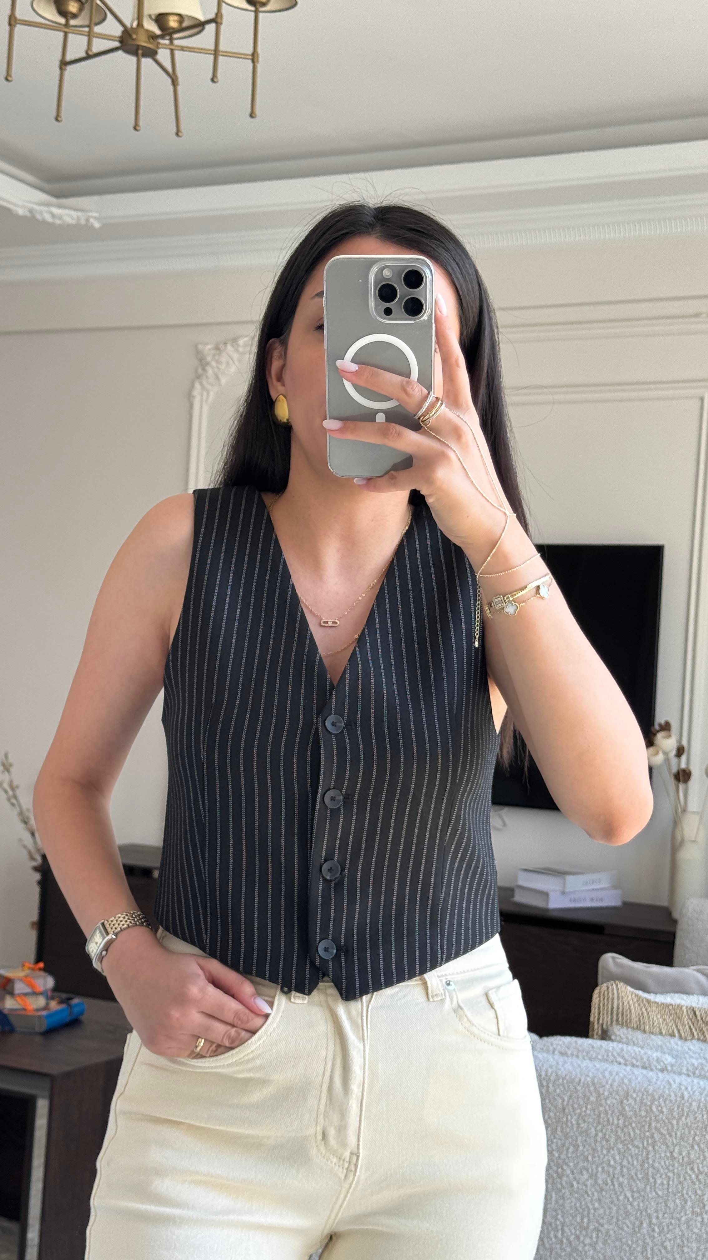 Çizgili Yelek - Siyah