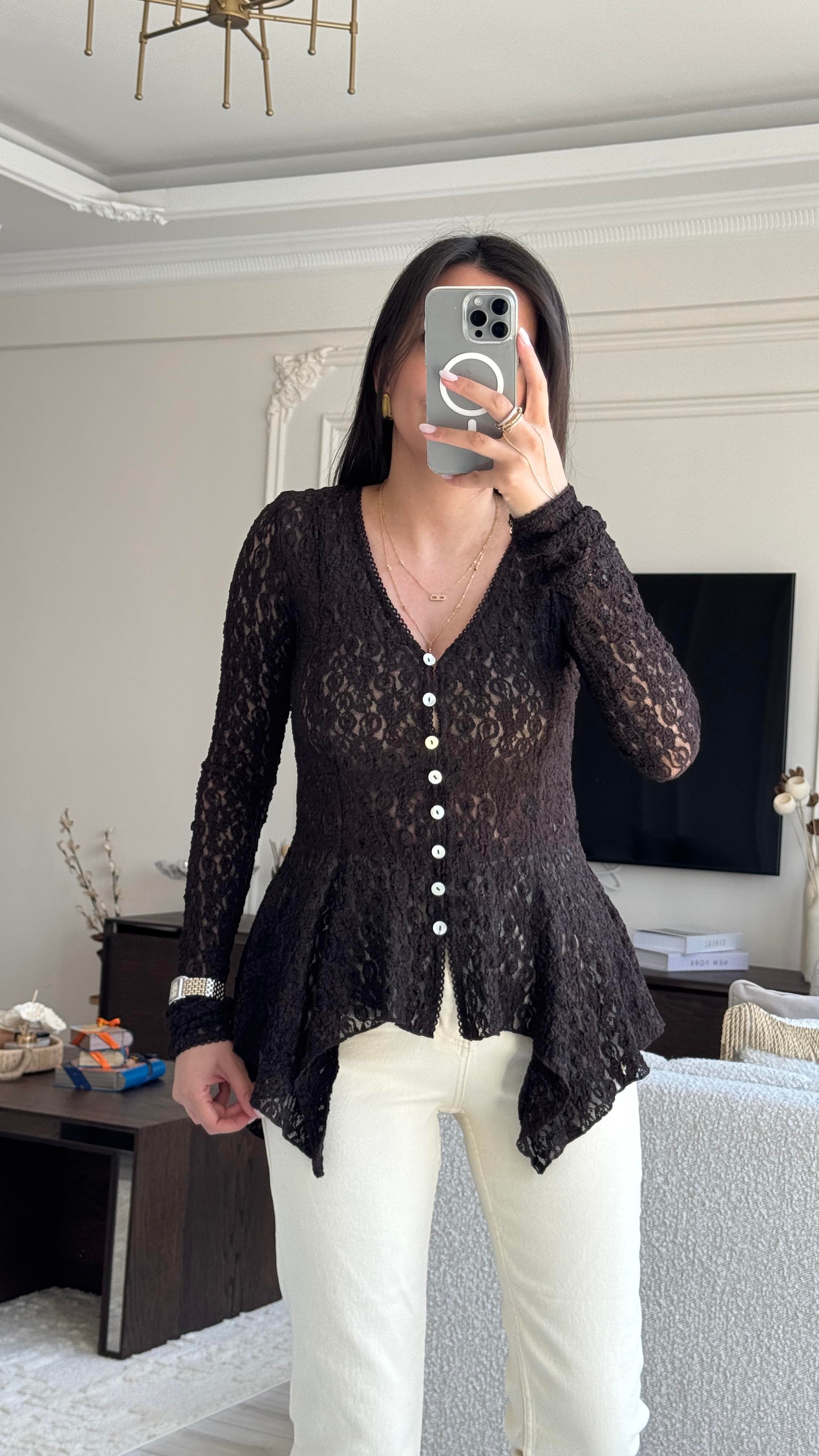 Dilvin Dantelli Verev Bluz - Kahverengi