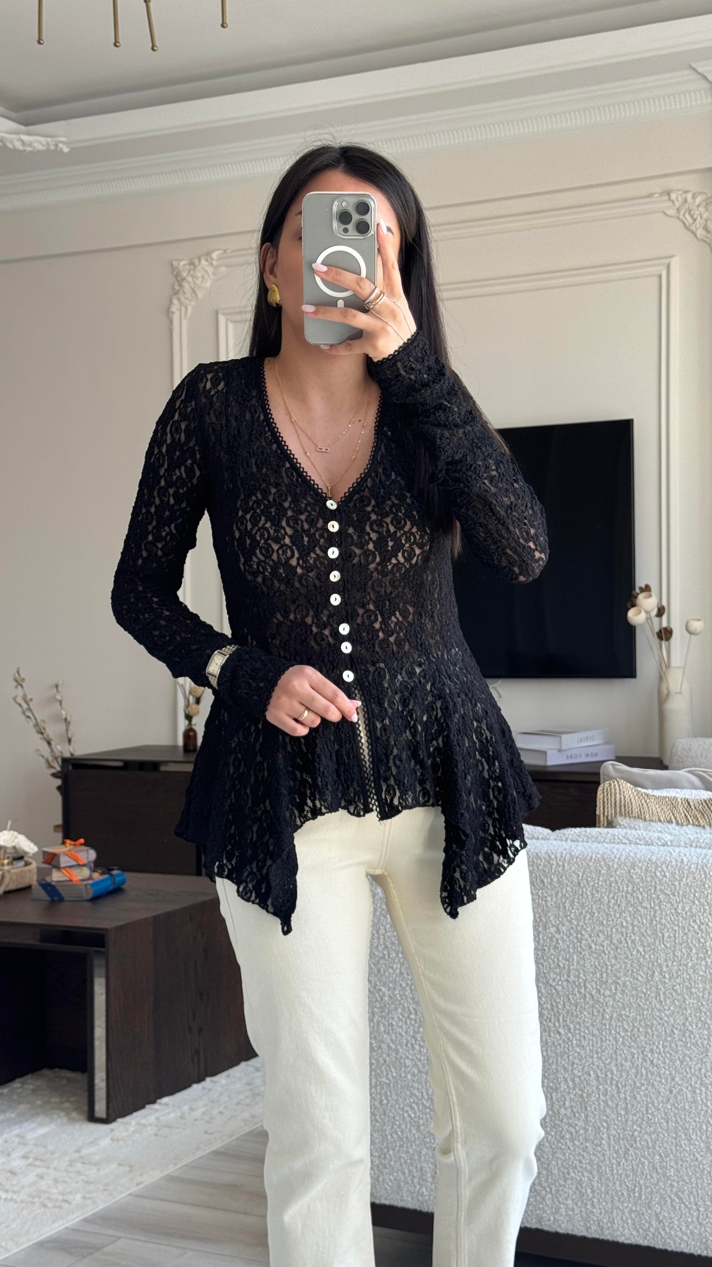 Dilvin Dantelli Verev Bluz - Siyah