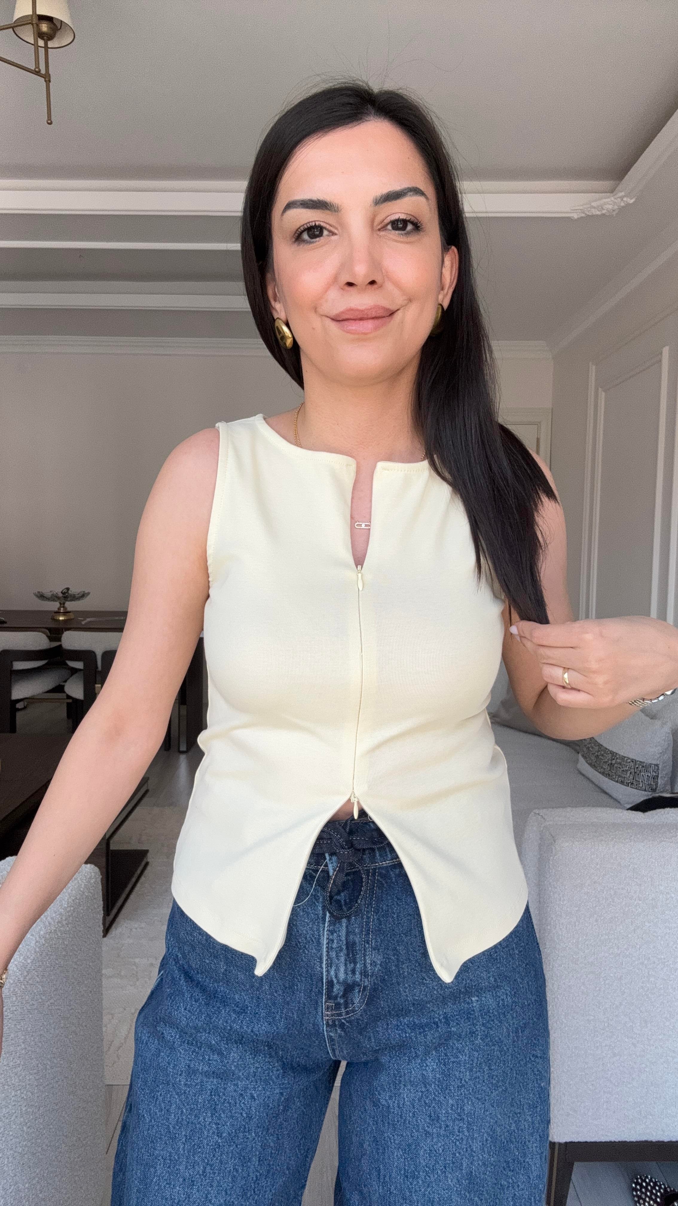 Dilvin Fermuarlı Bluz - Açık Sarı