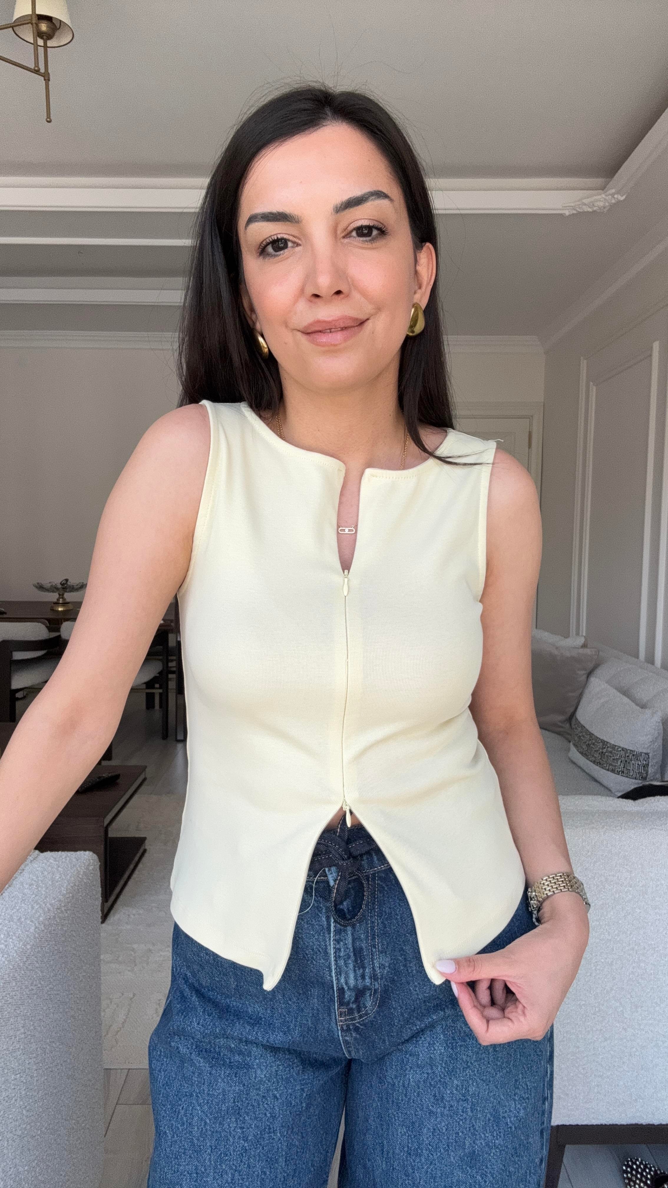 Dilvin Fermuarlı Bluz - Açık Sarı