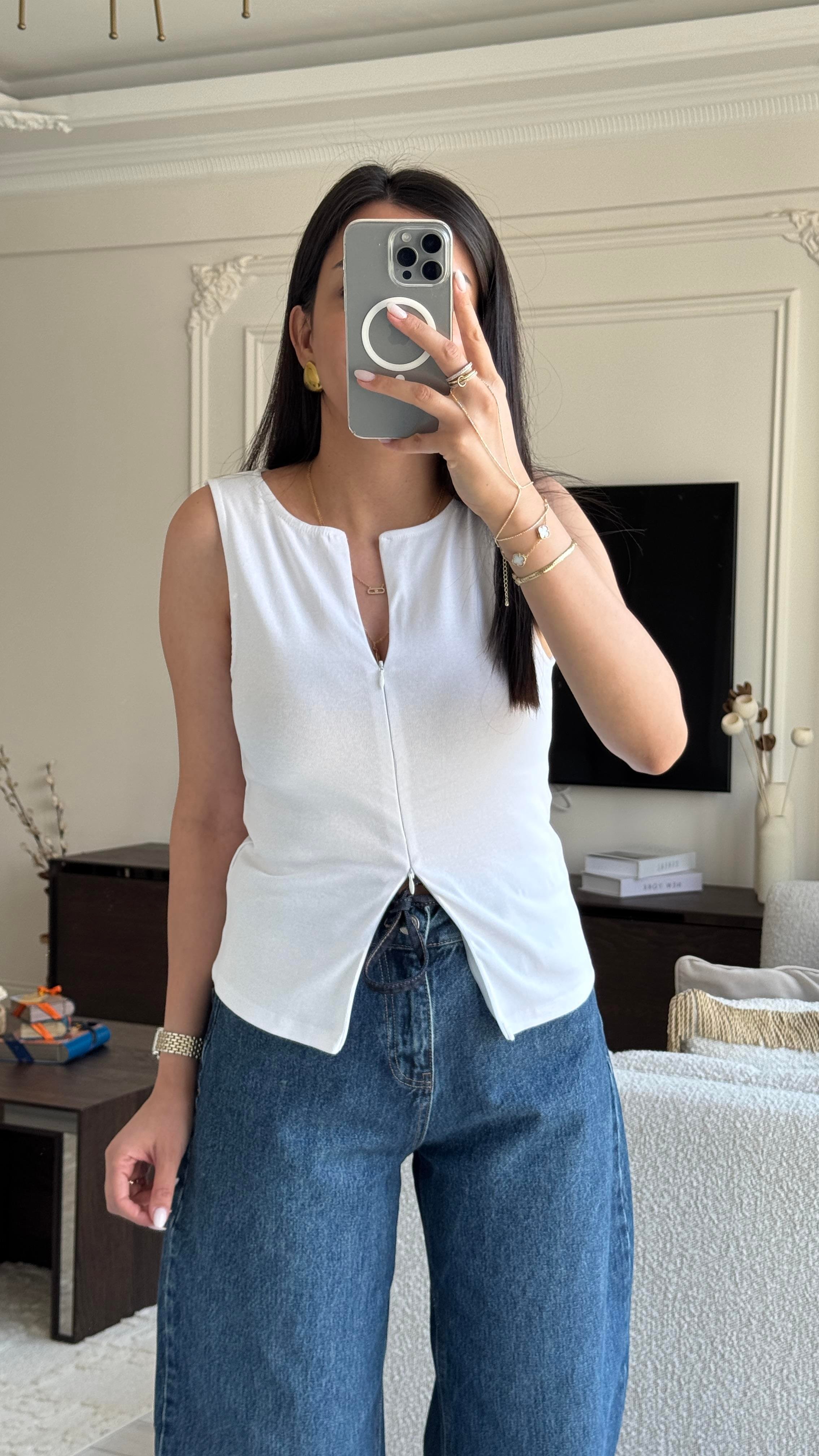 Dilvin Fermuarlı Bluz - Beyaz