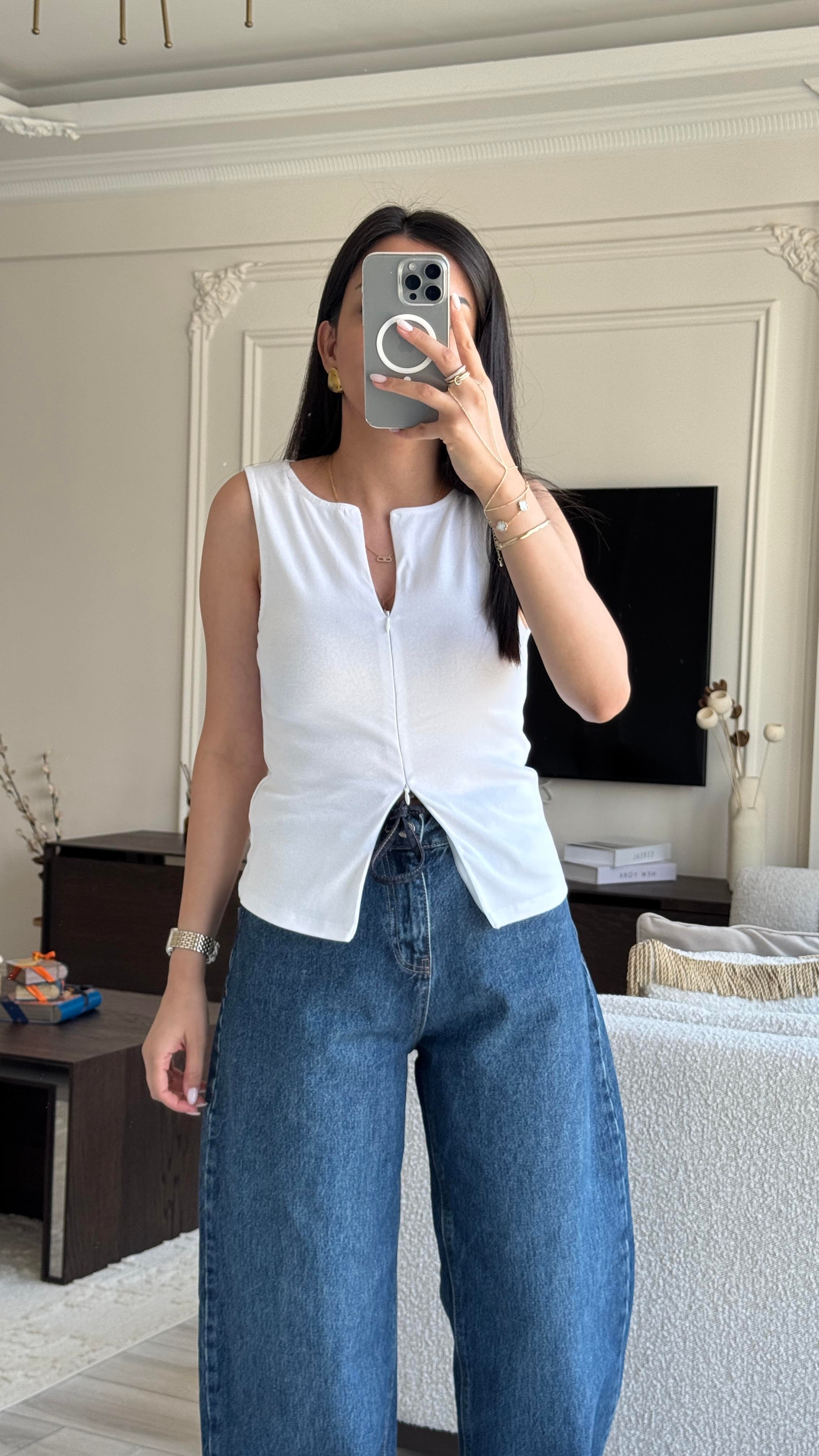 Dilvin Fermuarlı Bluz - Beyaz