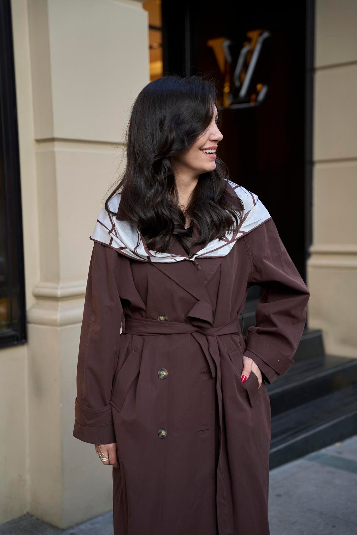 Fular Detaylı Trençkot - Kahve 