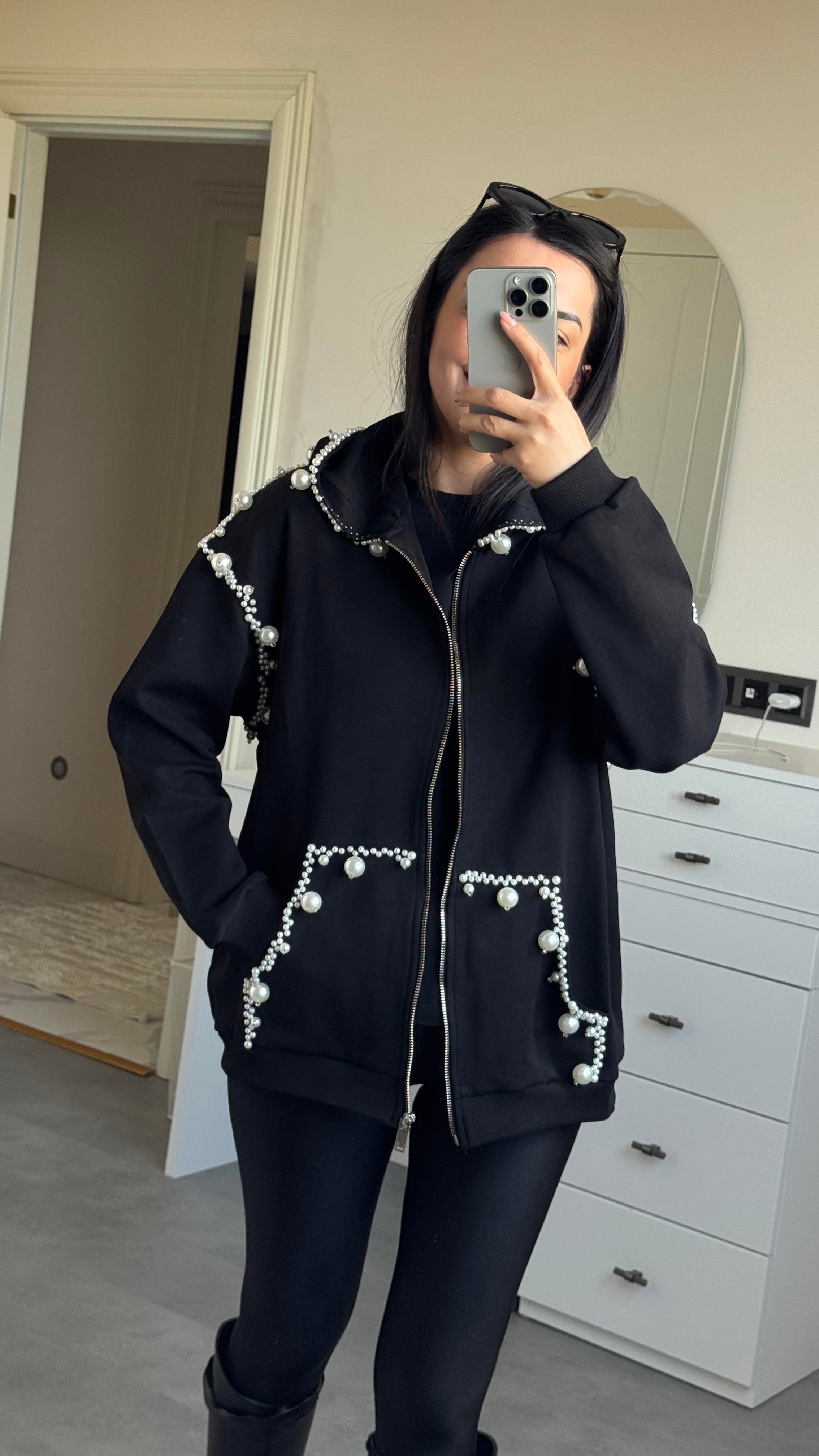 İncili Kapüşonlu Sweat -Siyah