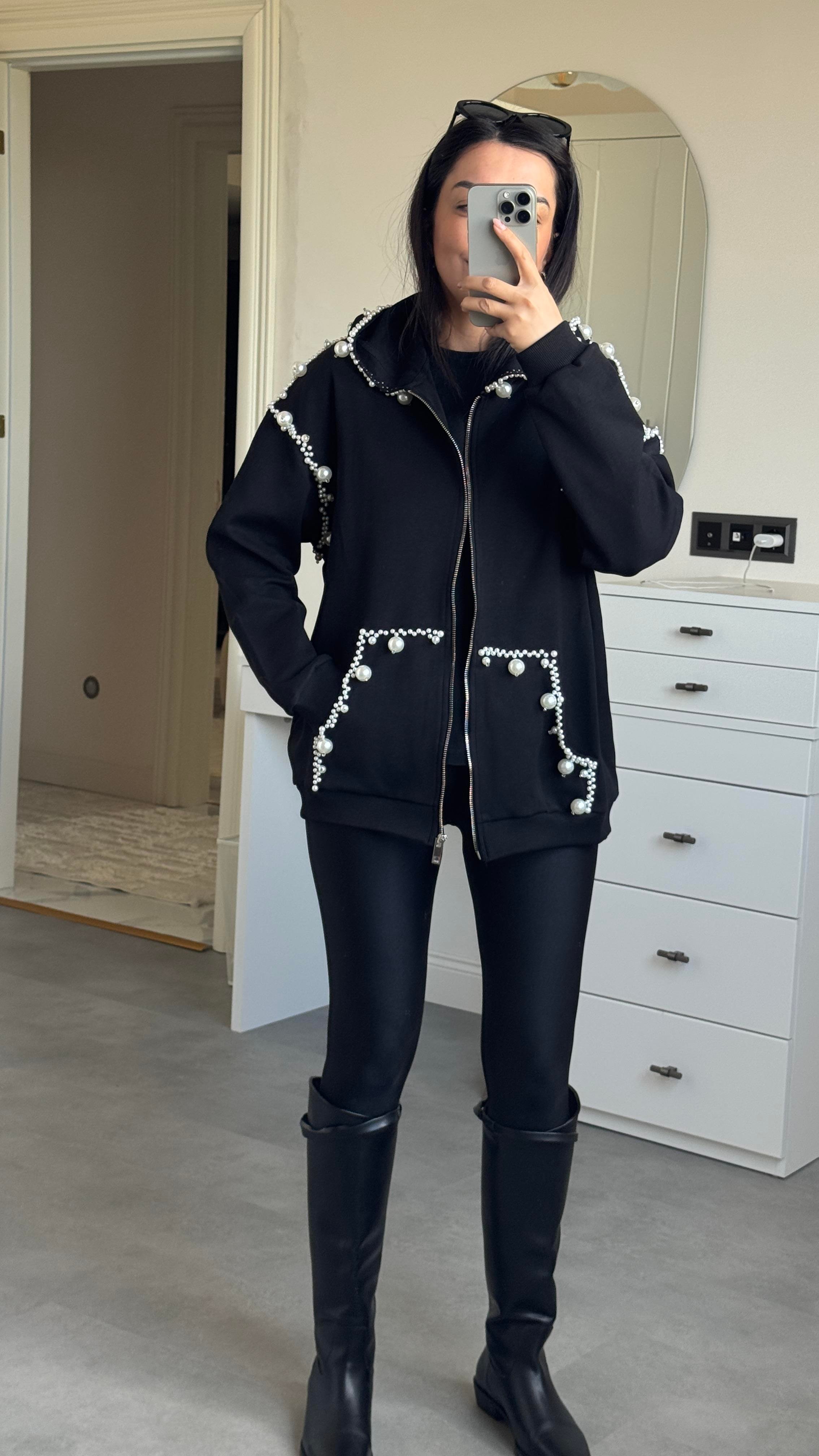 İncili Kapüşonlu Sweat -Siyah