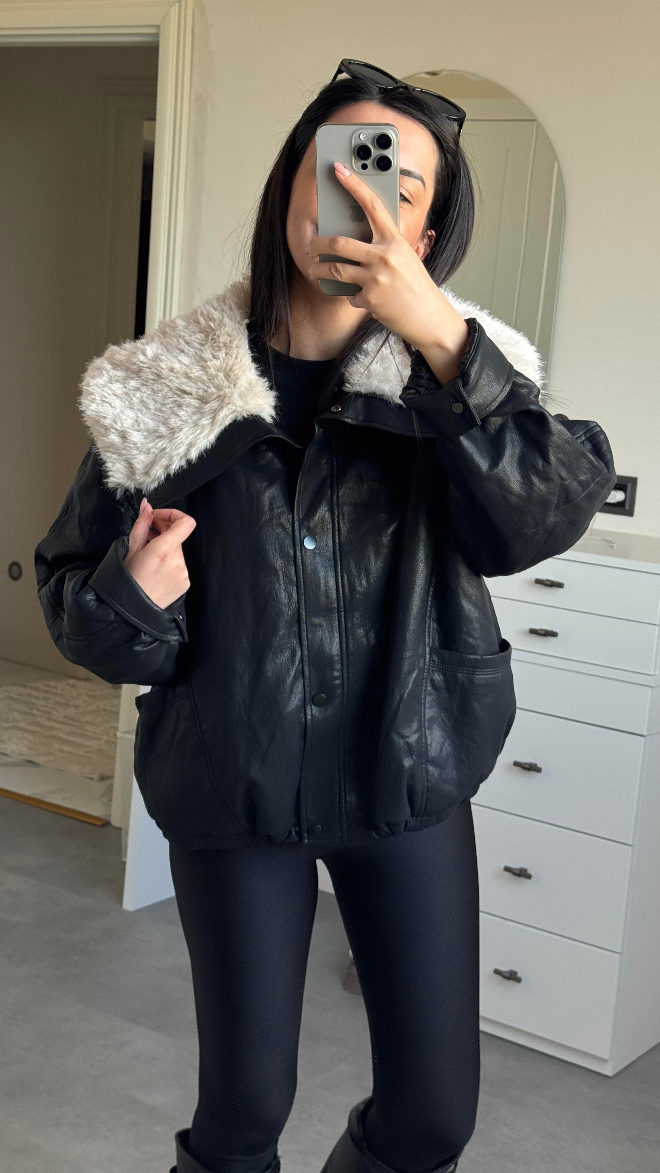 İthal Kürklü Siyah Mont