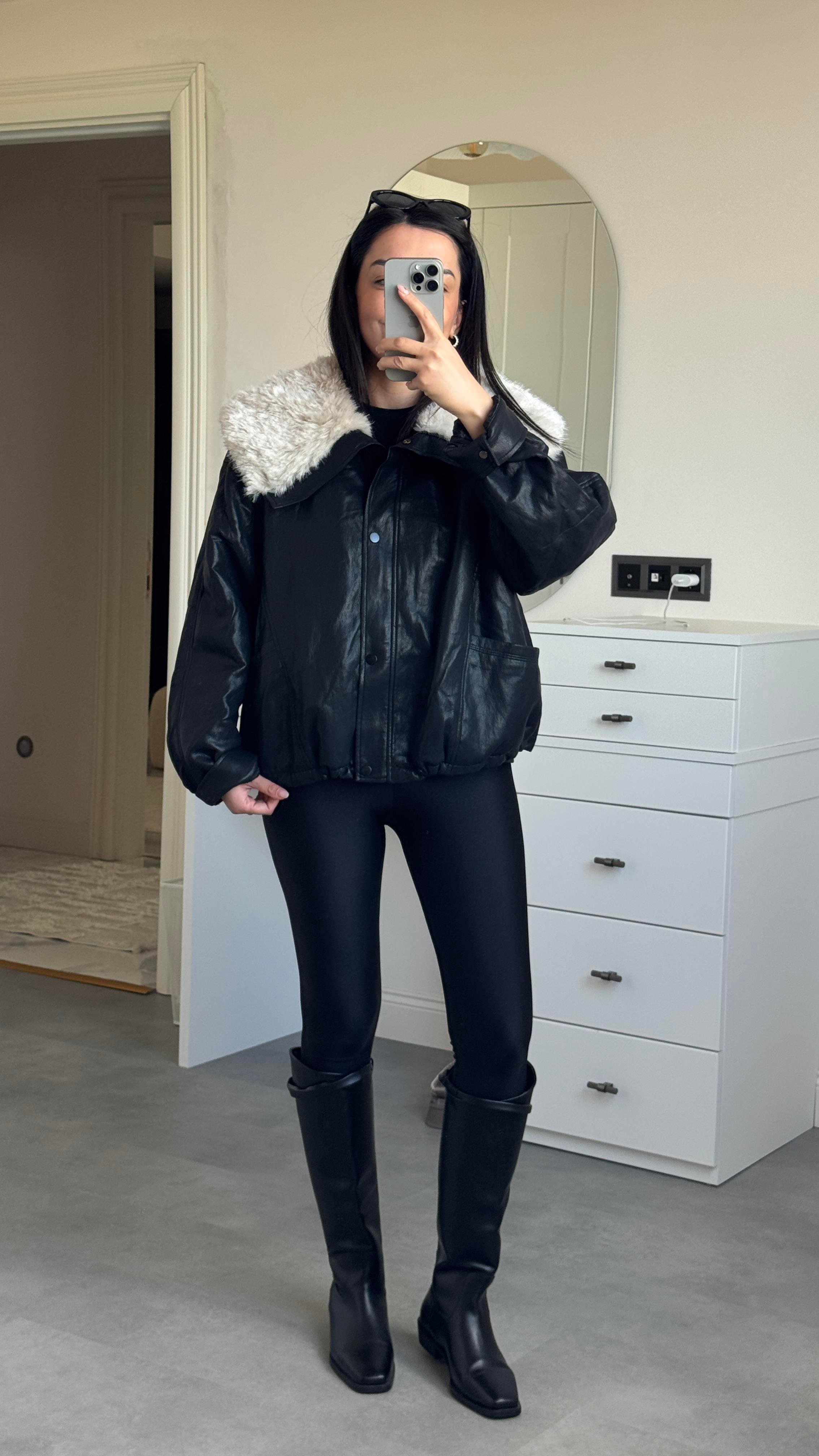 İthal Kürklü Siyah Mont