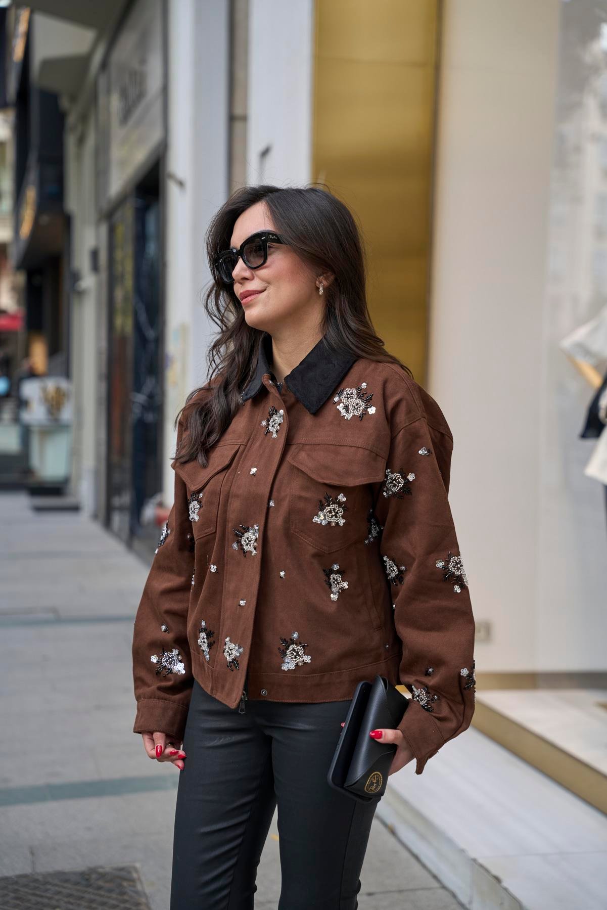 Kadife Yakalı Taşlı Ceket - Kahve