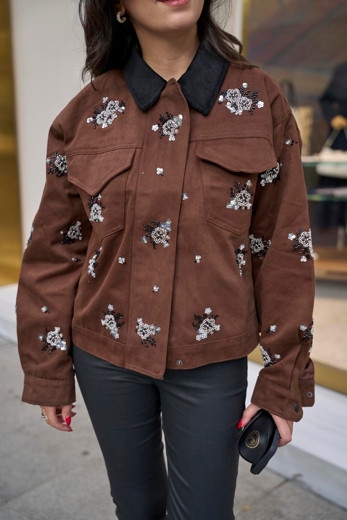 Kadife Yakalı Taşlı Ceket - Kahve