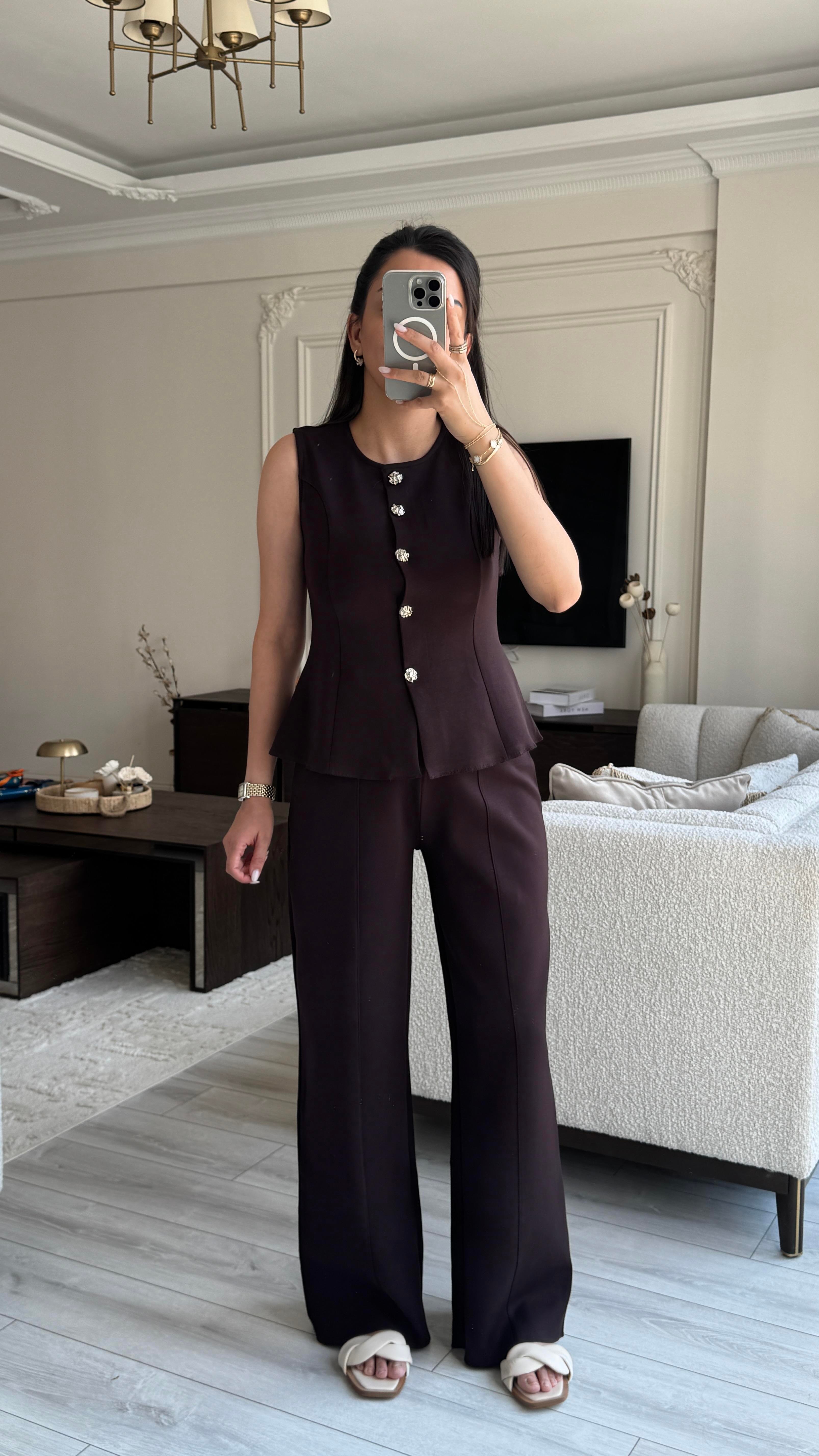 Karol Yelekli Takım - Kahverengi 