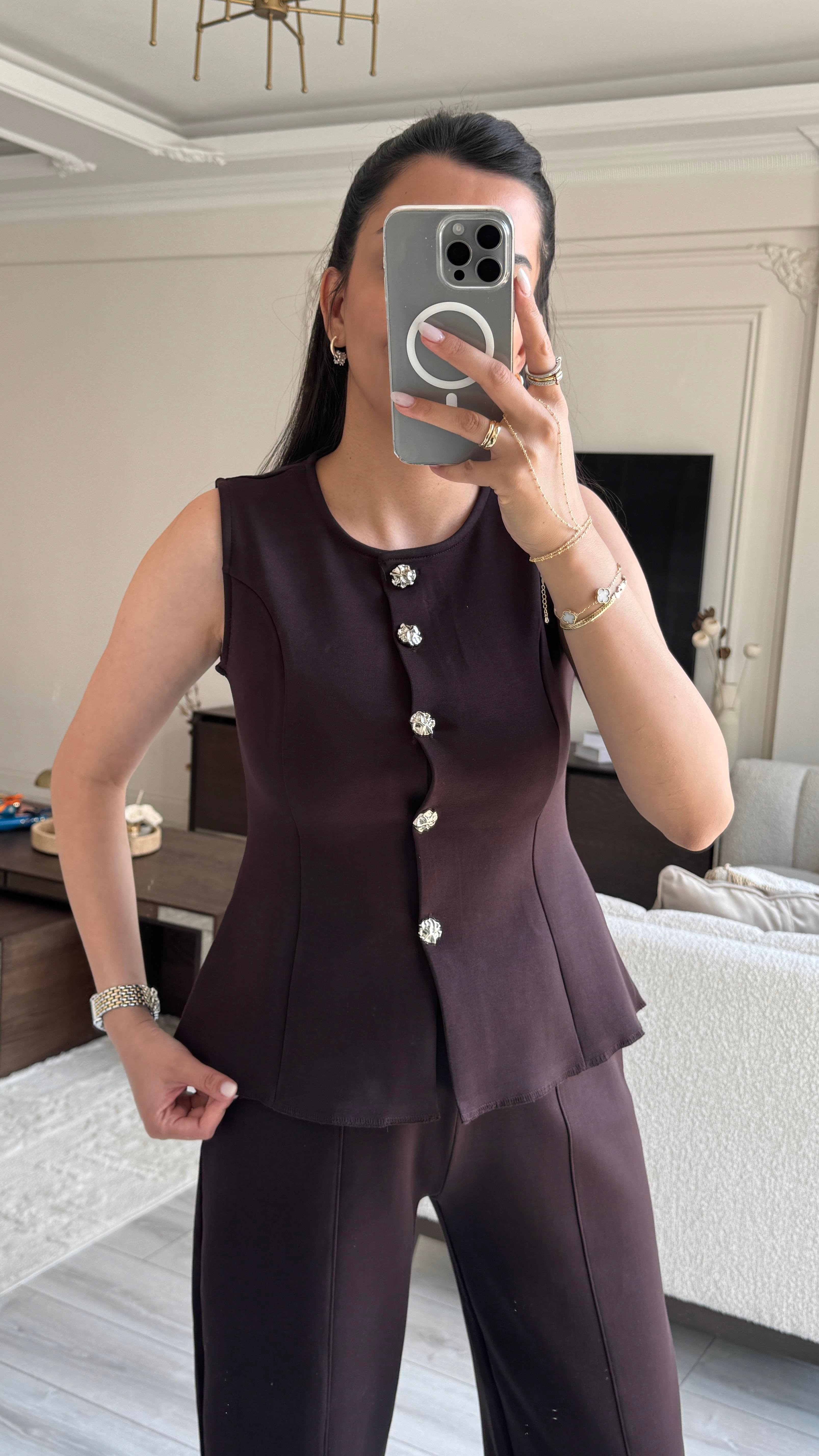 Karol Yelekli Takım - Kahverengi 