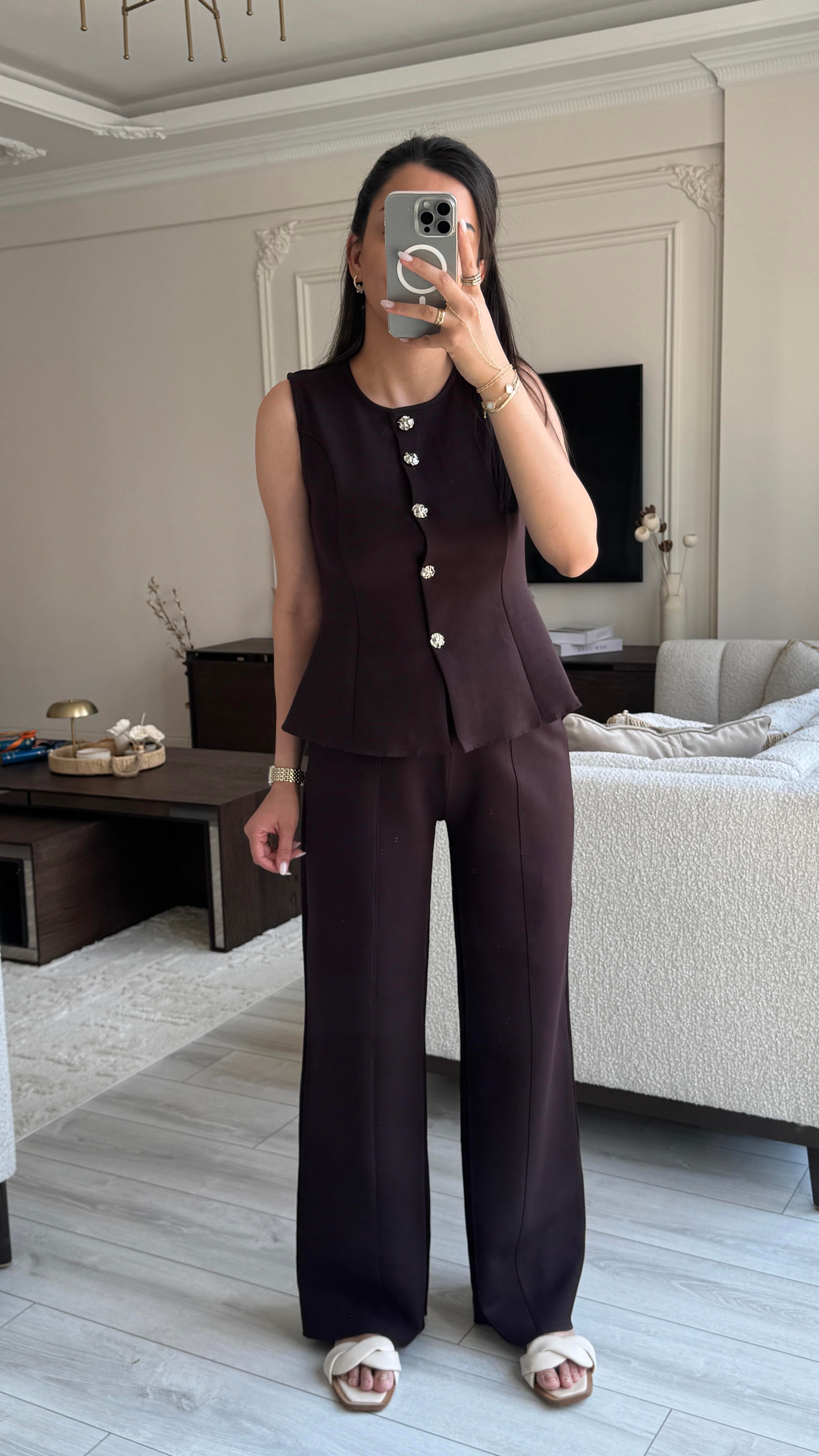 Karol Yelekli Takım - Kahverengi 