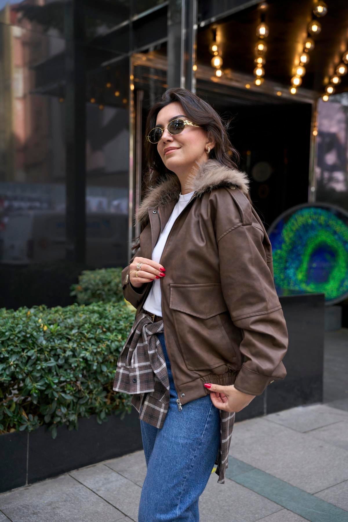 Kürklü Deri Bomber Mont - Kahve 