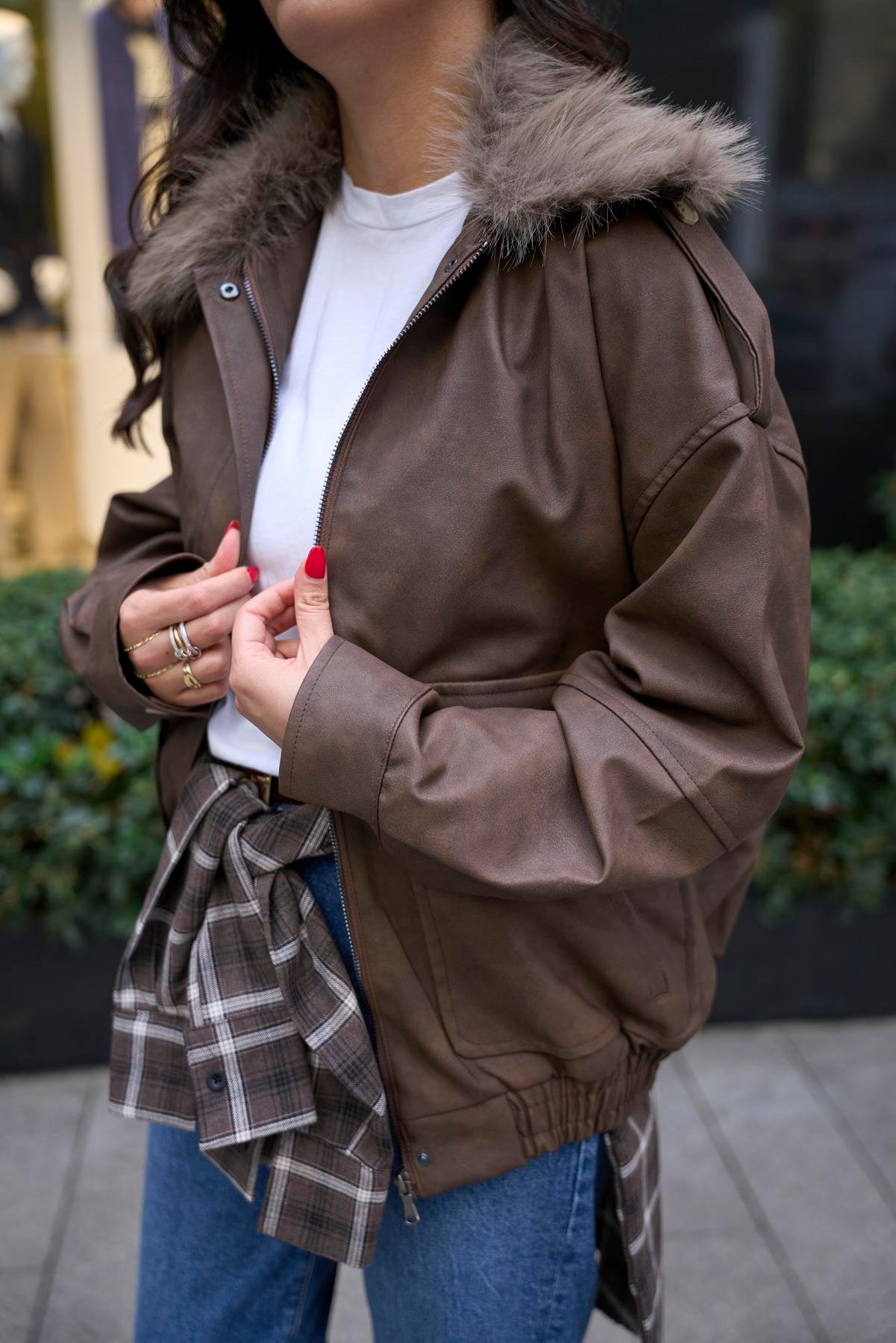 Kürklü Deri Bomber Mont - Kahve 