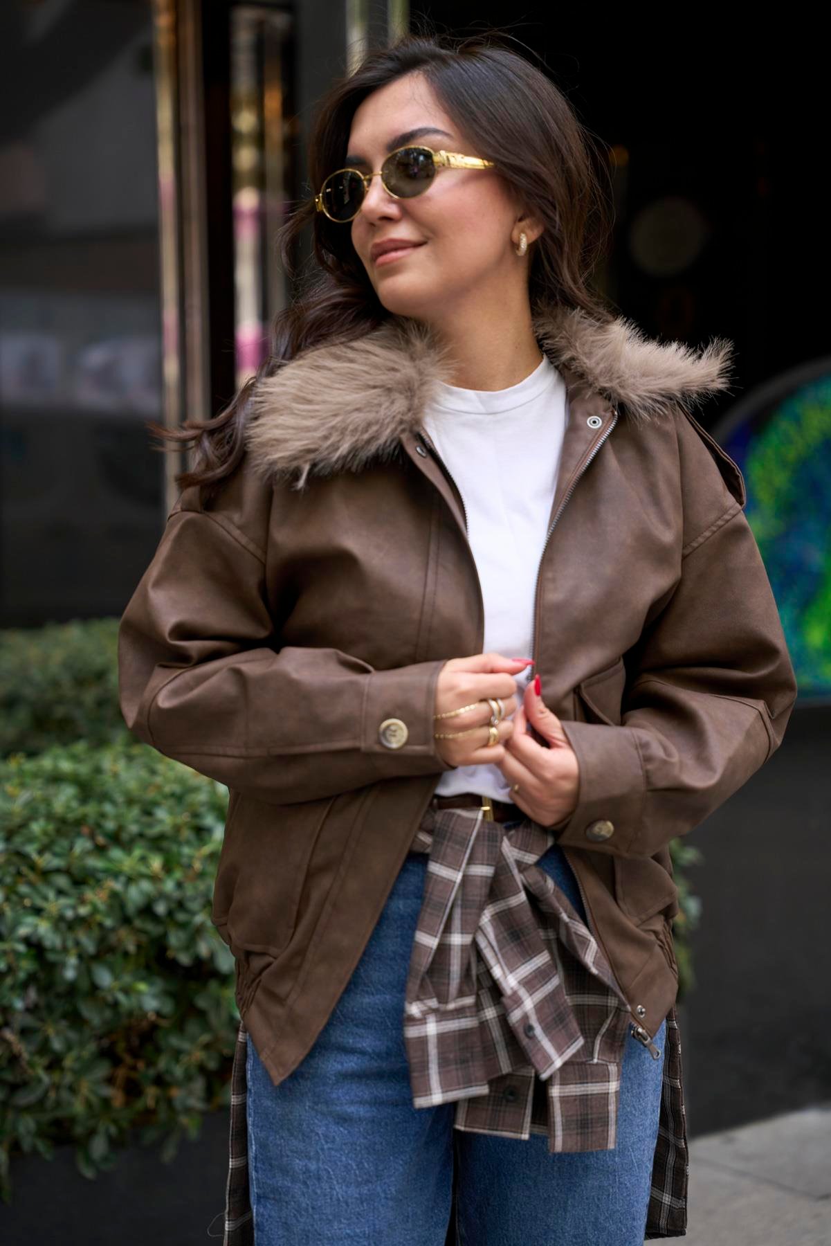 Kürklü Deri Bomber Mont - Kahve 