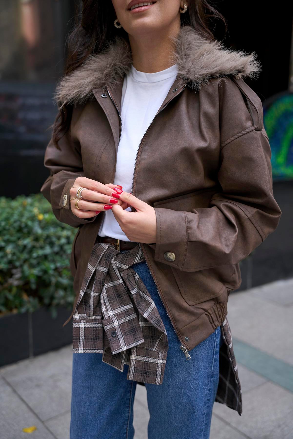 Kürklü Deri Bomber Mont - Kahve 