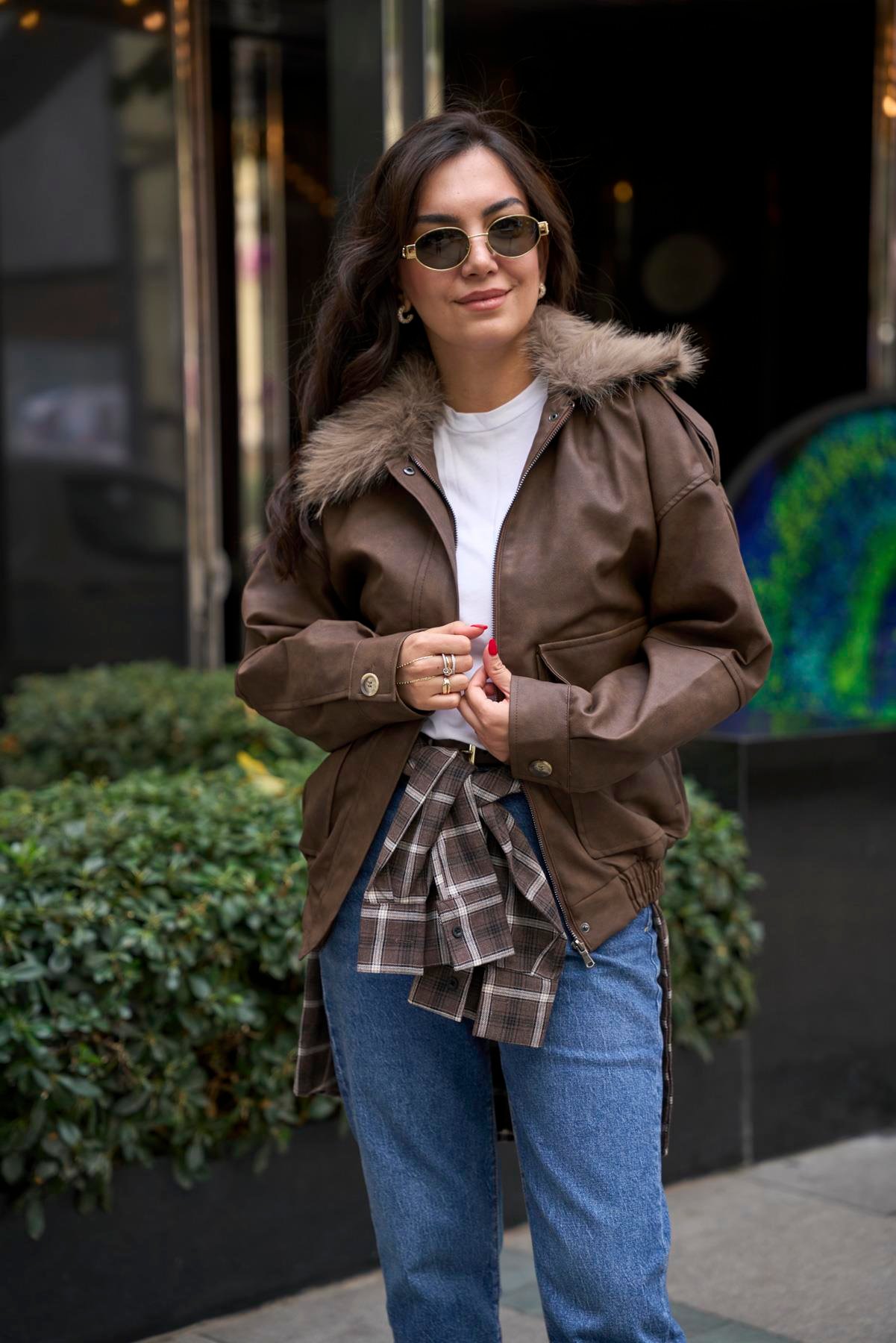 Kürklü Deri Bomber Mont - Kahve 