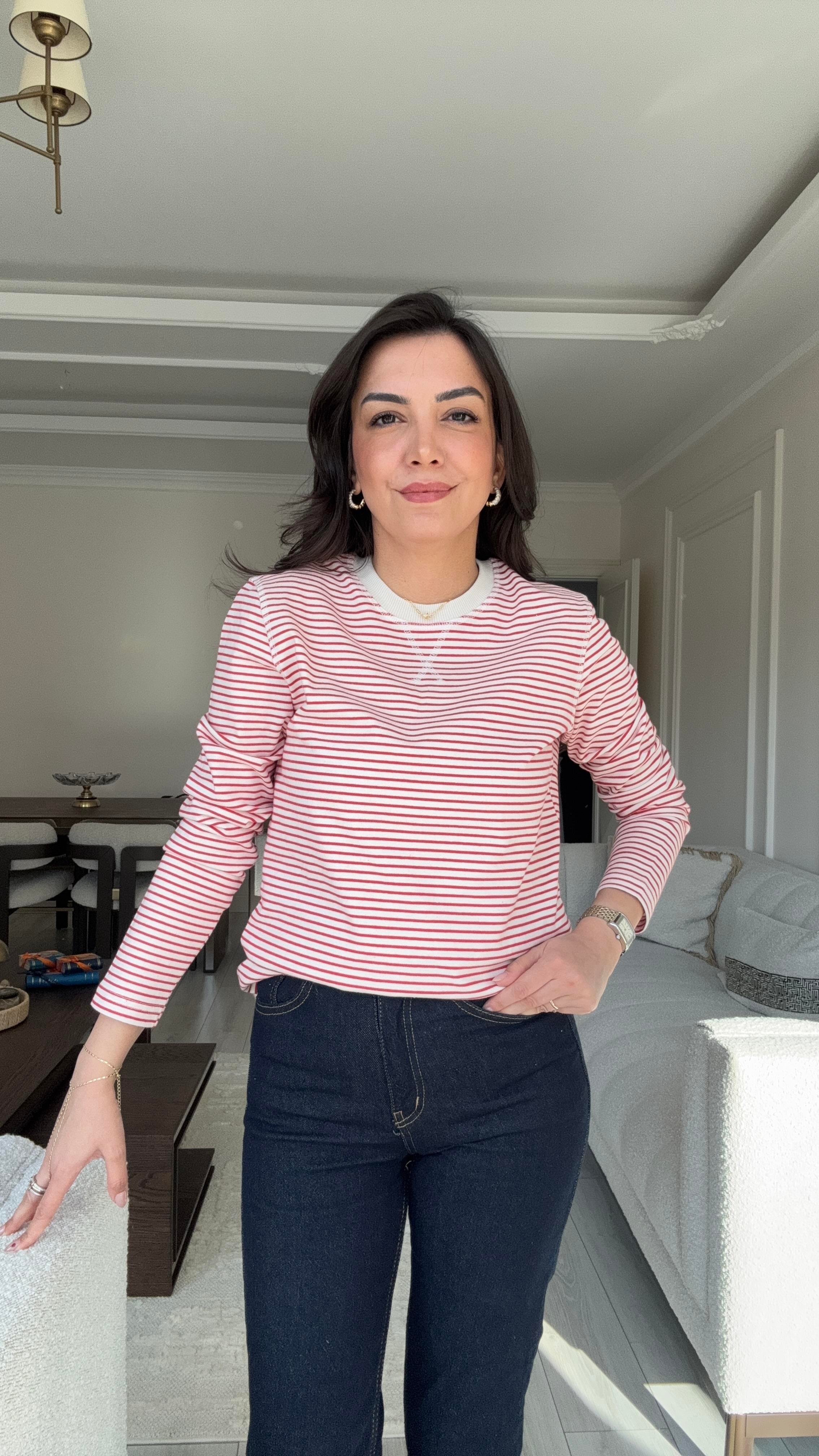 Massi Çizgili Sweat - Bej & Kırmızı 