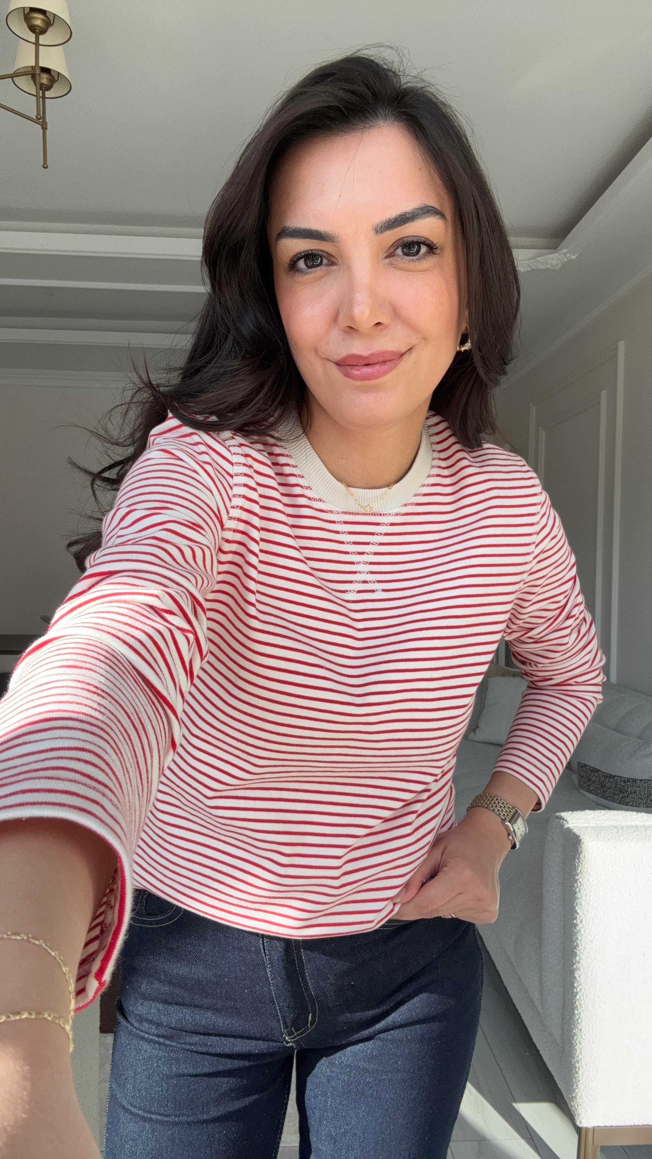 Massi Çizgili Sweat - Bej & Kırmızı 