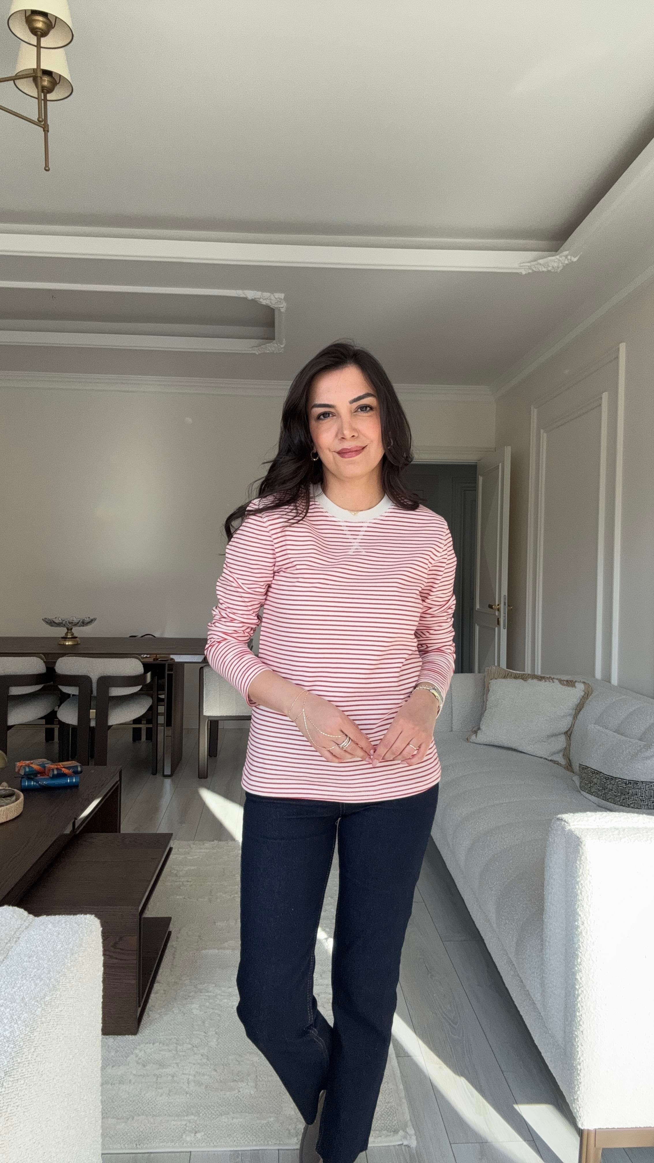 Massi Çizgili Sweat - Bej & Kırmızı 