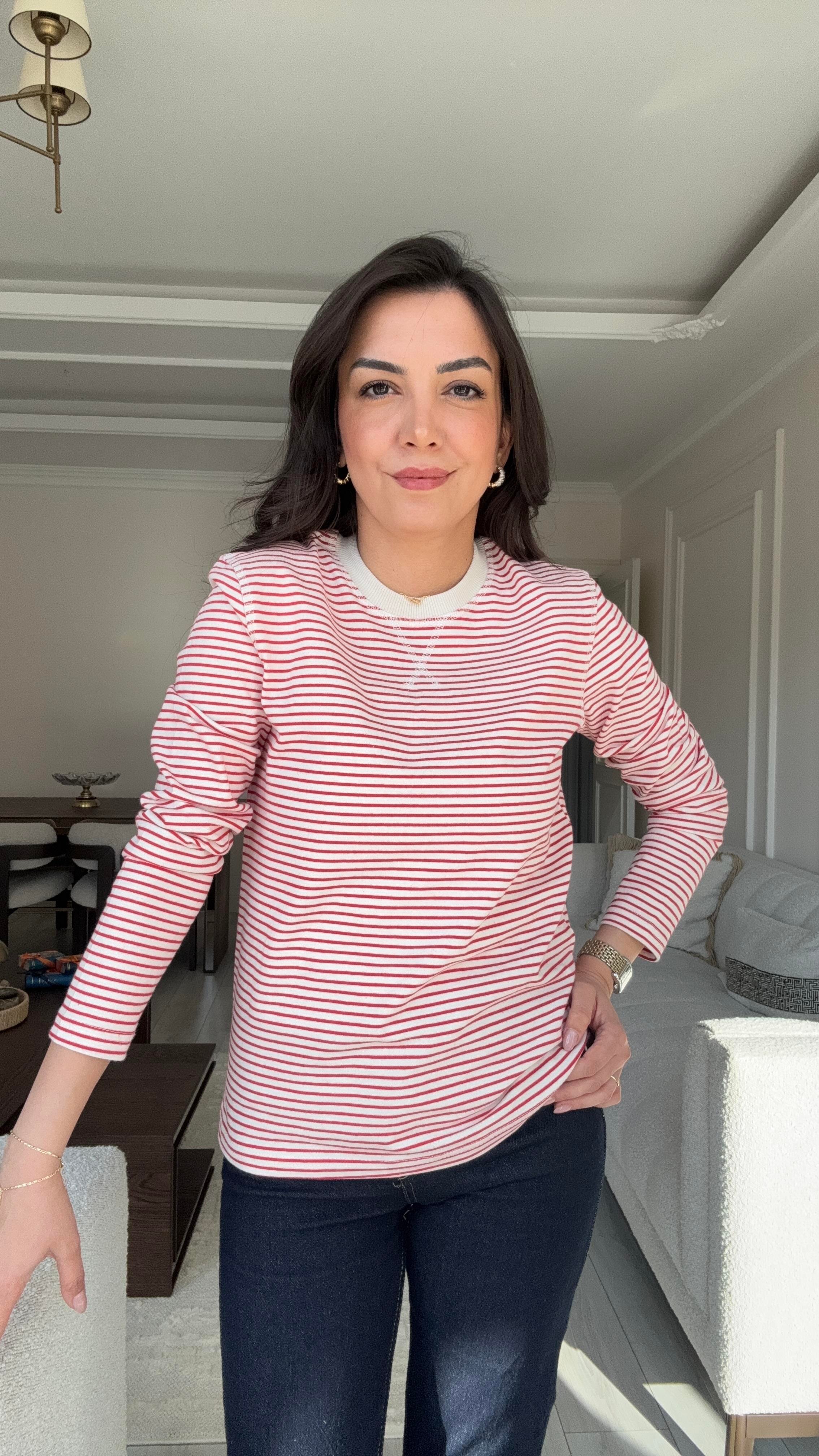 Massi Çizgili Sweat - Bej & Kırmızı 