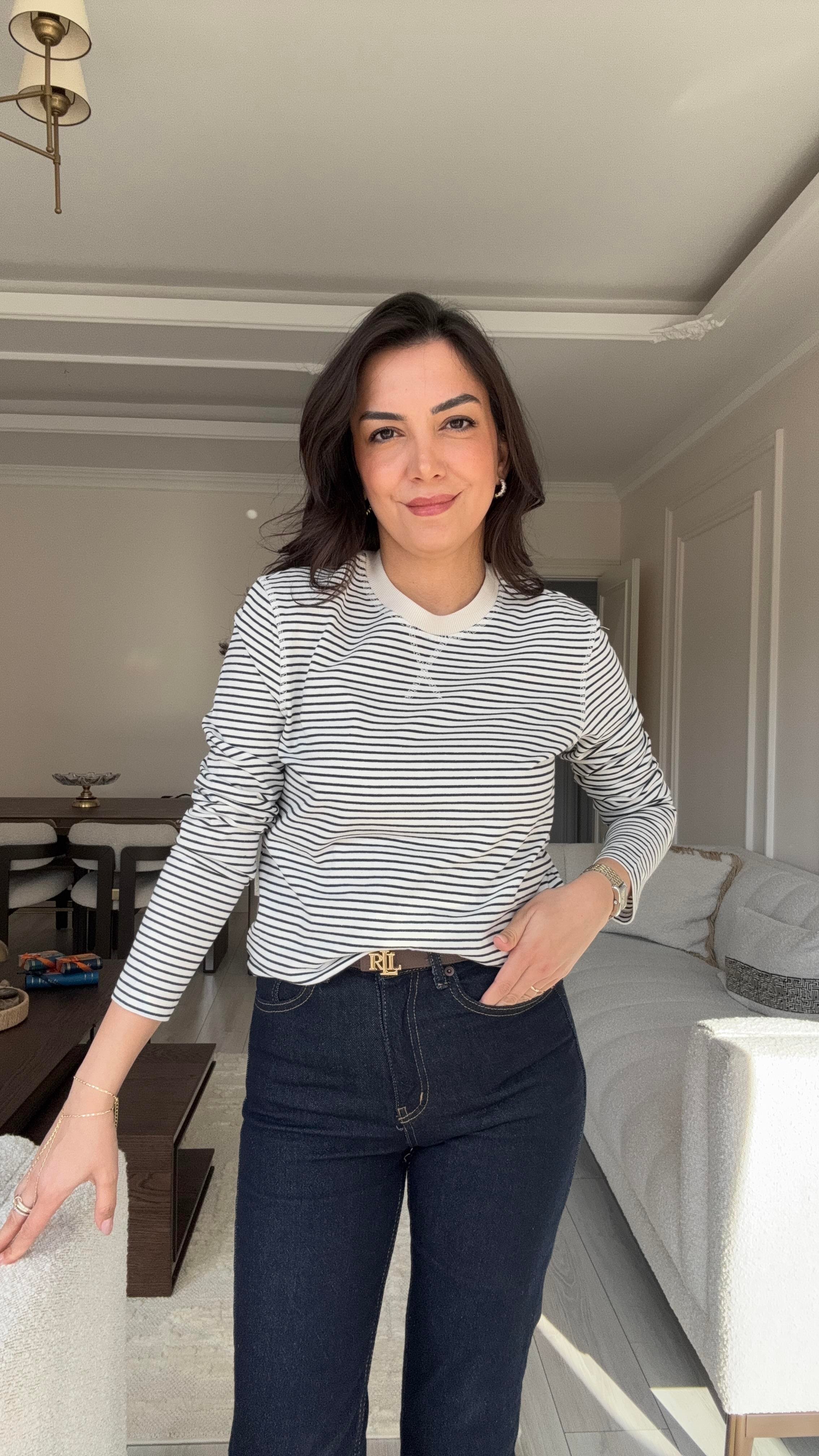 Massi Çizgili Sweat - Bej & Laci